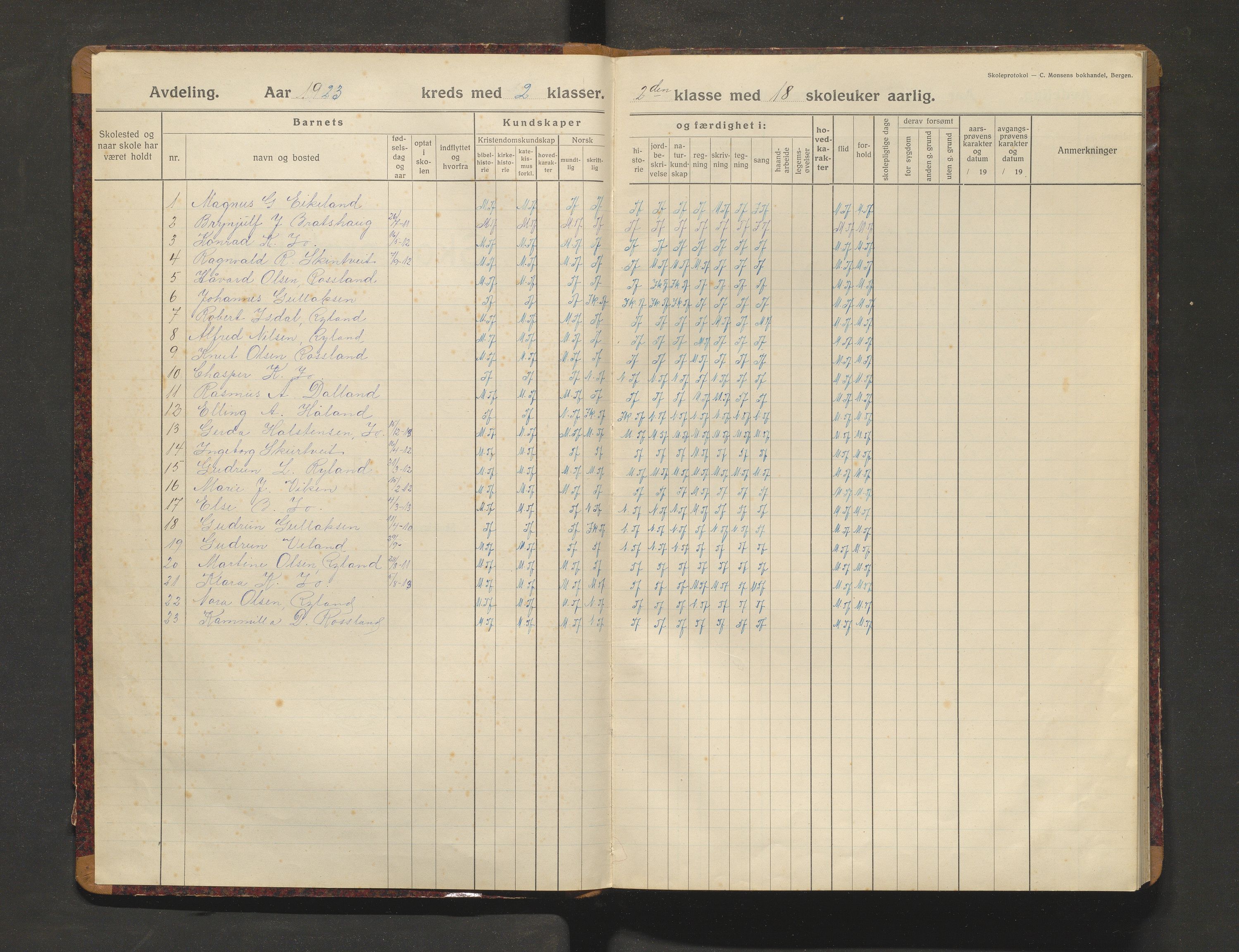 Meland kommune. Barneskulane, IKAH/1256-231/F/Fa/L0021: Skuleprotokoll for Rossland krins, 1923-1926