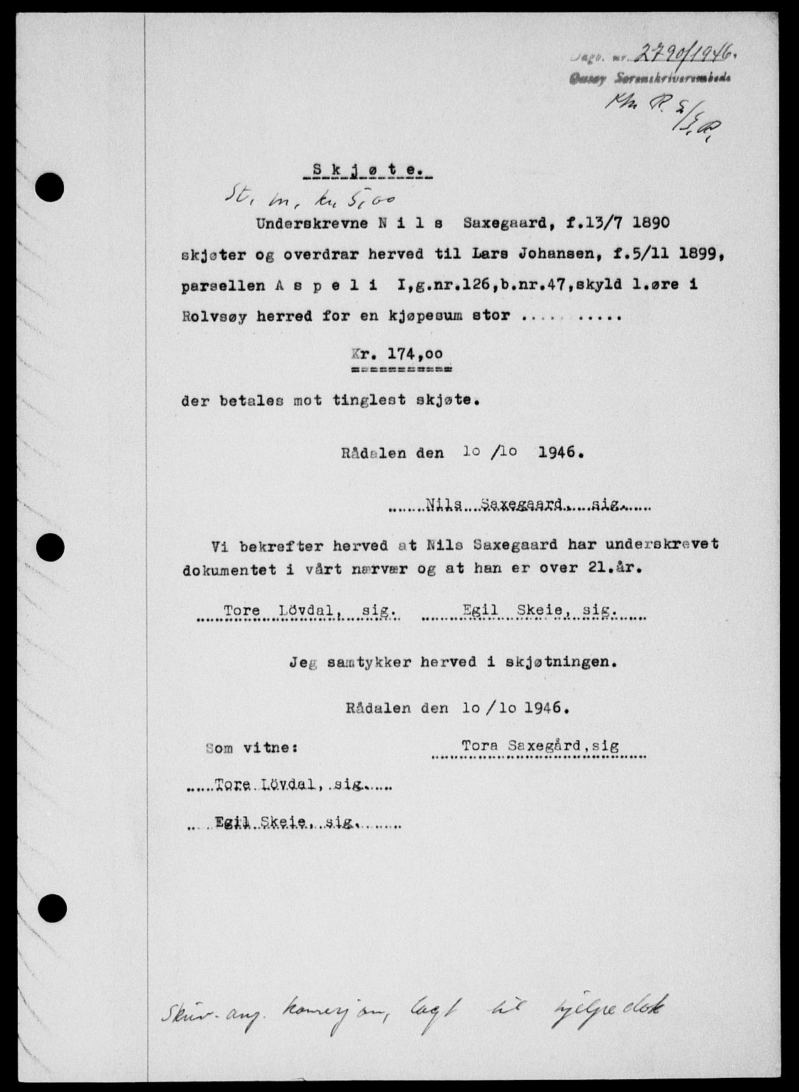 Onsøy sorenskriveri, SAO/A-10474/G/Ga/Gab/L0017: Pantebok nr. II A-17, 1946-1946, Dagboknr: 2790/1946