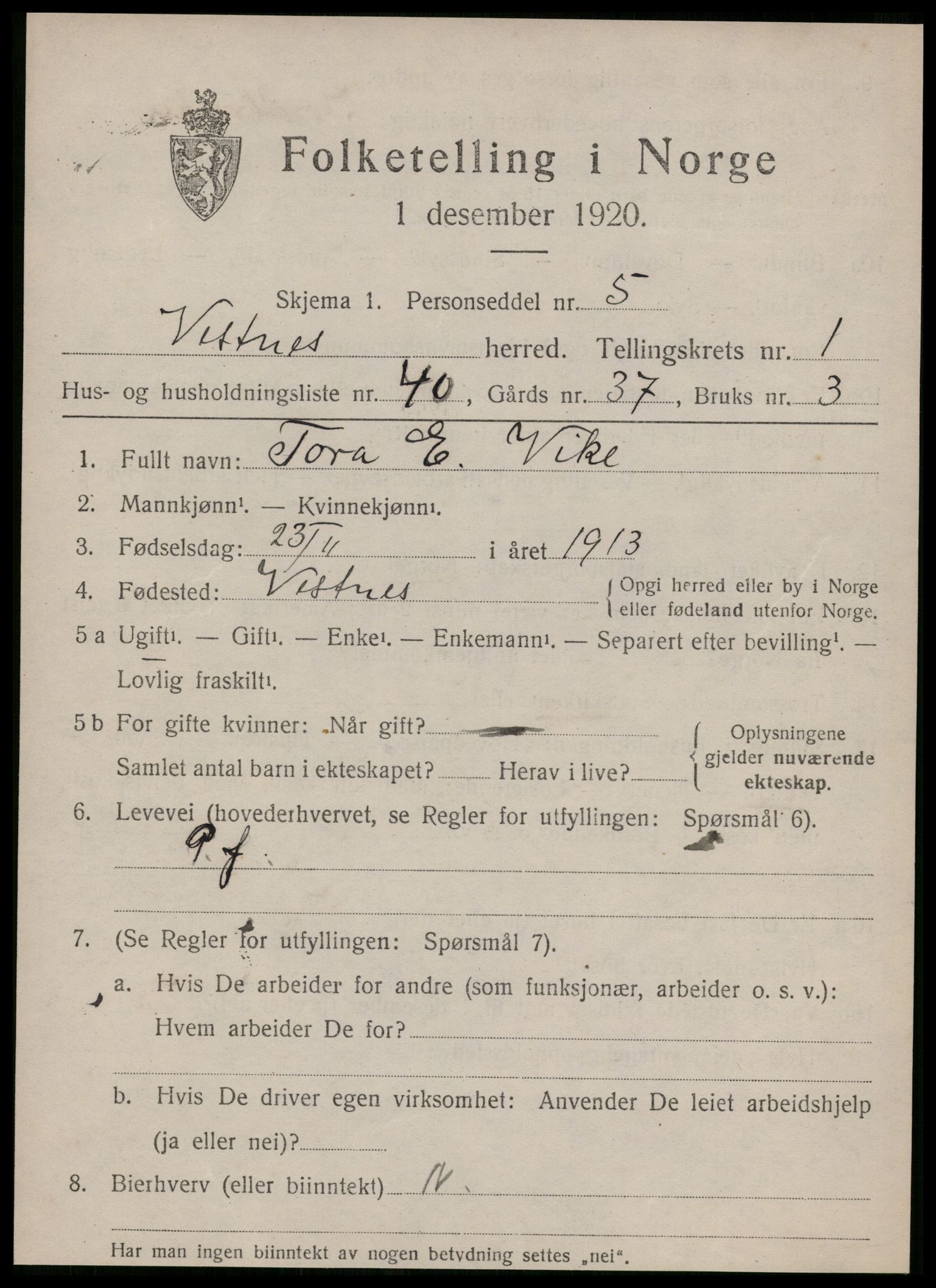 SAT, Folketelling 1920 for 1535 Vestnes herred, 1920, s. 1687