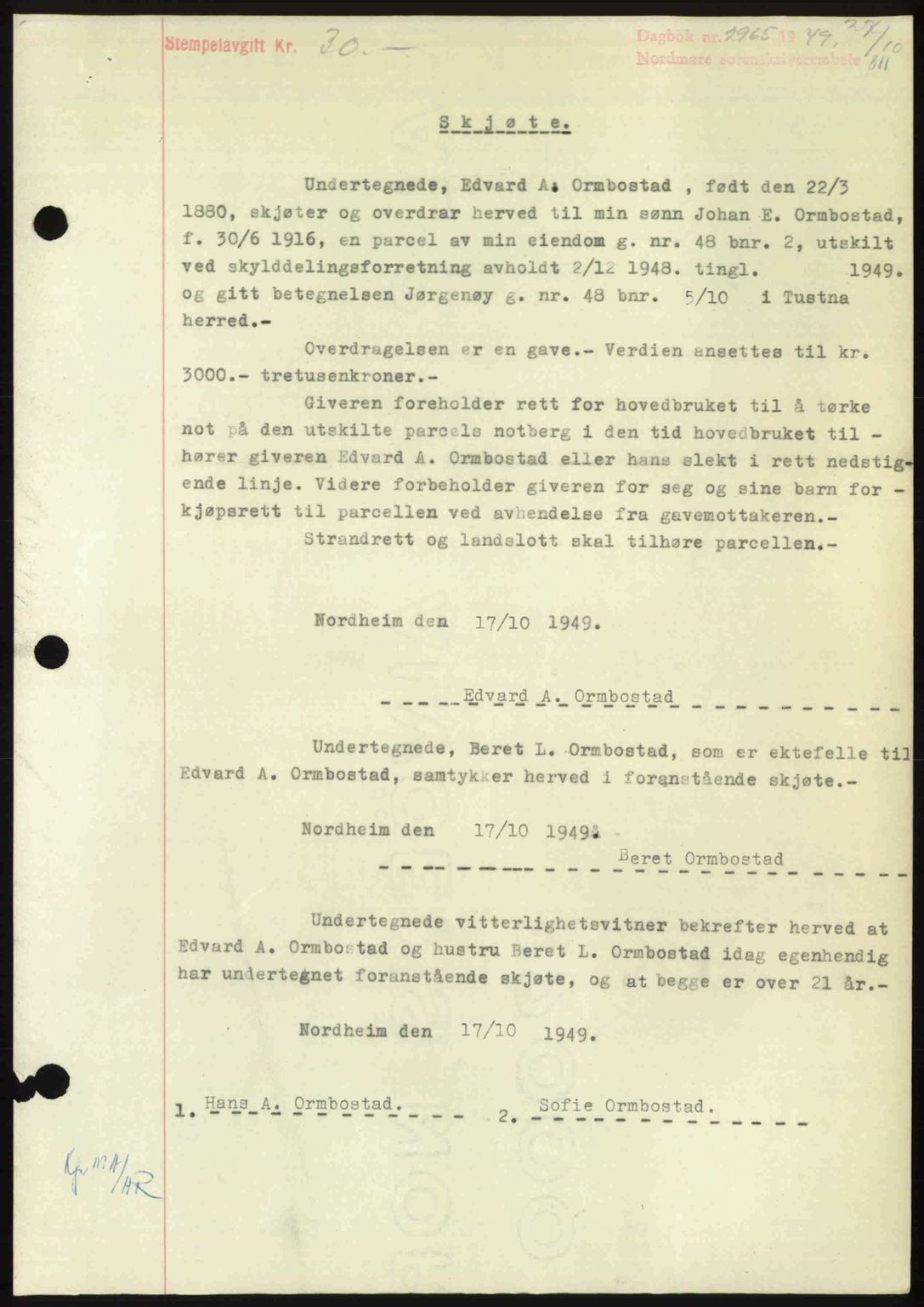 Nordmøre sorenskriveri, SAT/A-4132/1/2/2Ca: Pantebok nr. A112, 1949-1949, Dagboknr: 2965/1949
