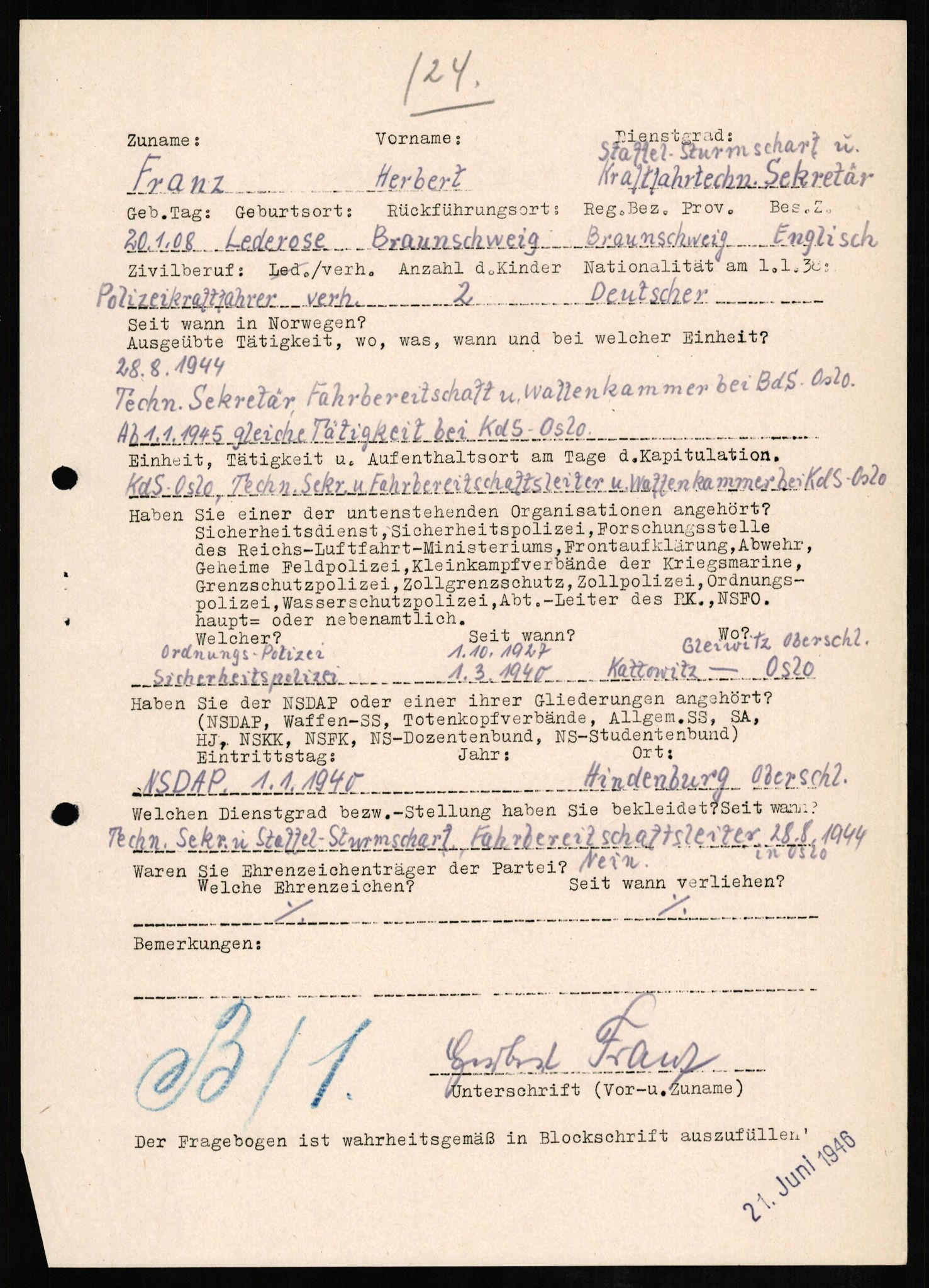 Forsvaret, Forsvarets overkommando II, AV/RA-RAFA-3915/D/Db/L0008: CI Questionaires. Tyske okkupasjonsstyrker i Norge. Tyskere., 1945-1946, s. 250