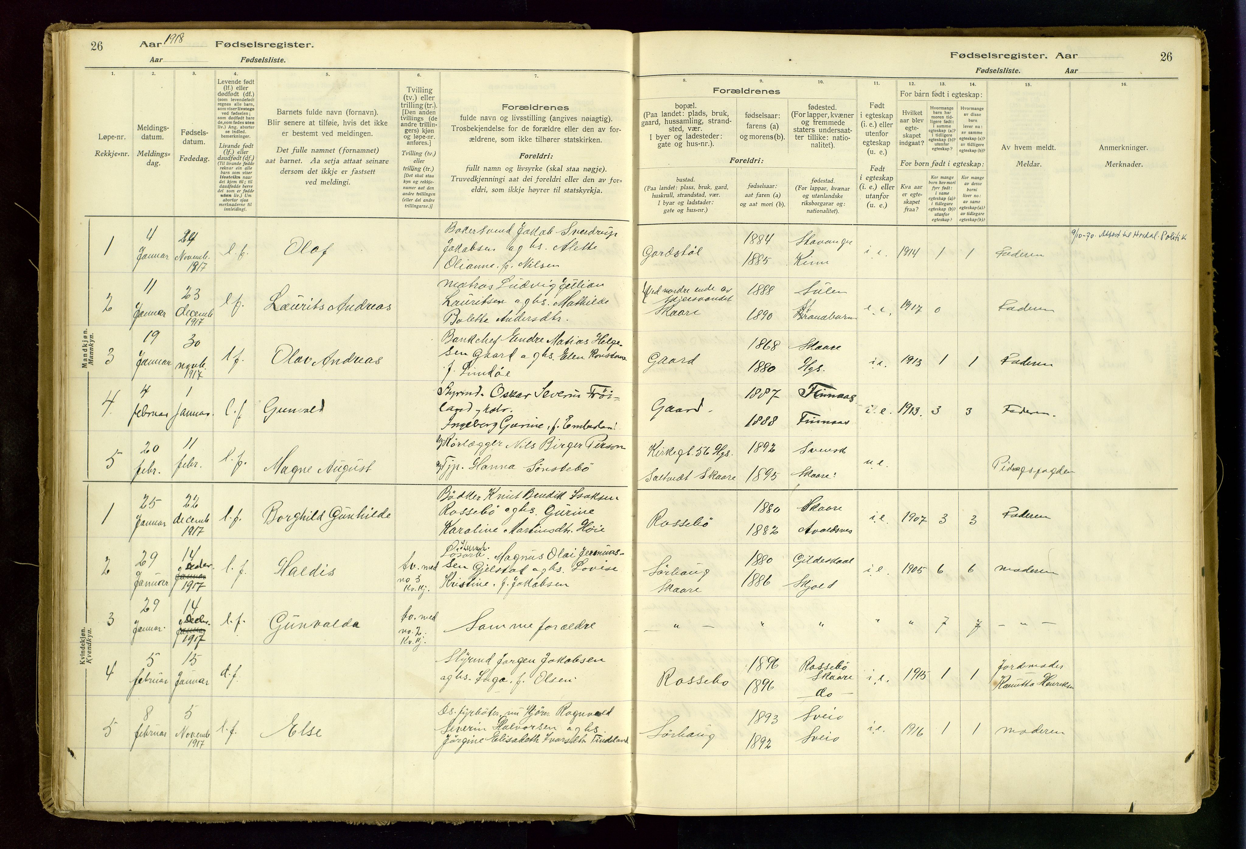 Haugesund sokneprestkontor, SAST/A -101863/I/Id/L0001: Fødselsregister nr. 1, 1916-1935, s. 26