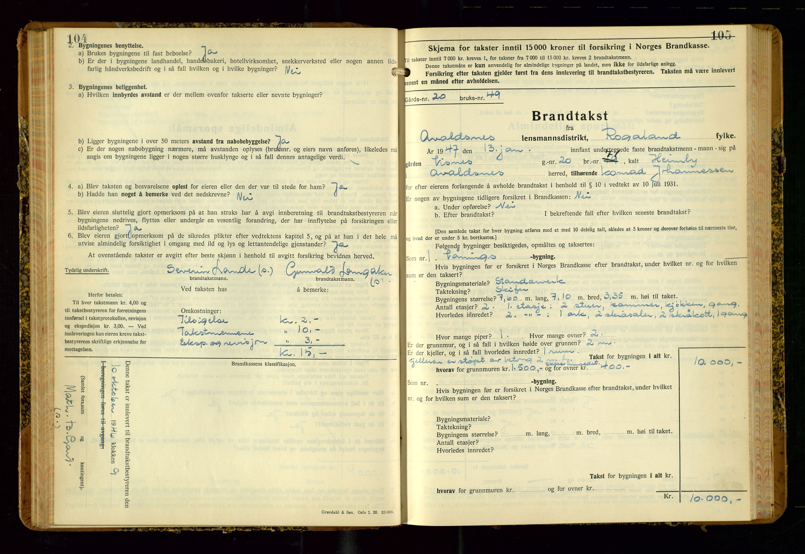 Avaldsnes lensmannskontor, AV/SAST-A-100286/Gob/L0002: "Branntakstprotokoll for Avaldsnes lensmannsdistrikt Rogaland fylke", 1940-1950, s. 104-105