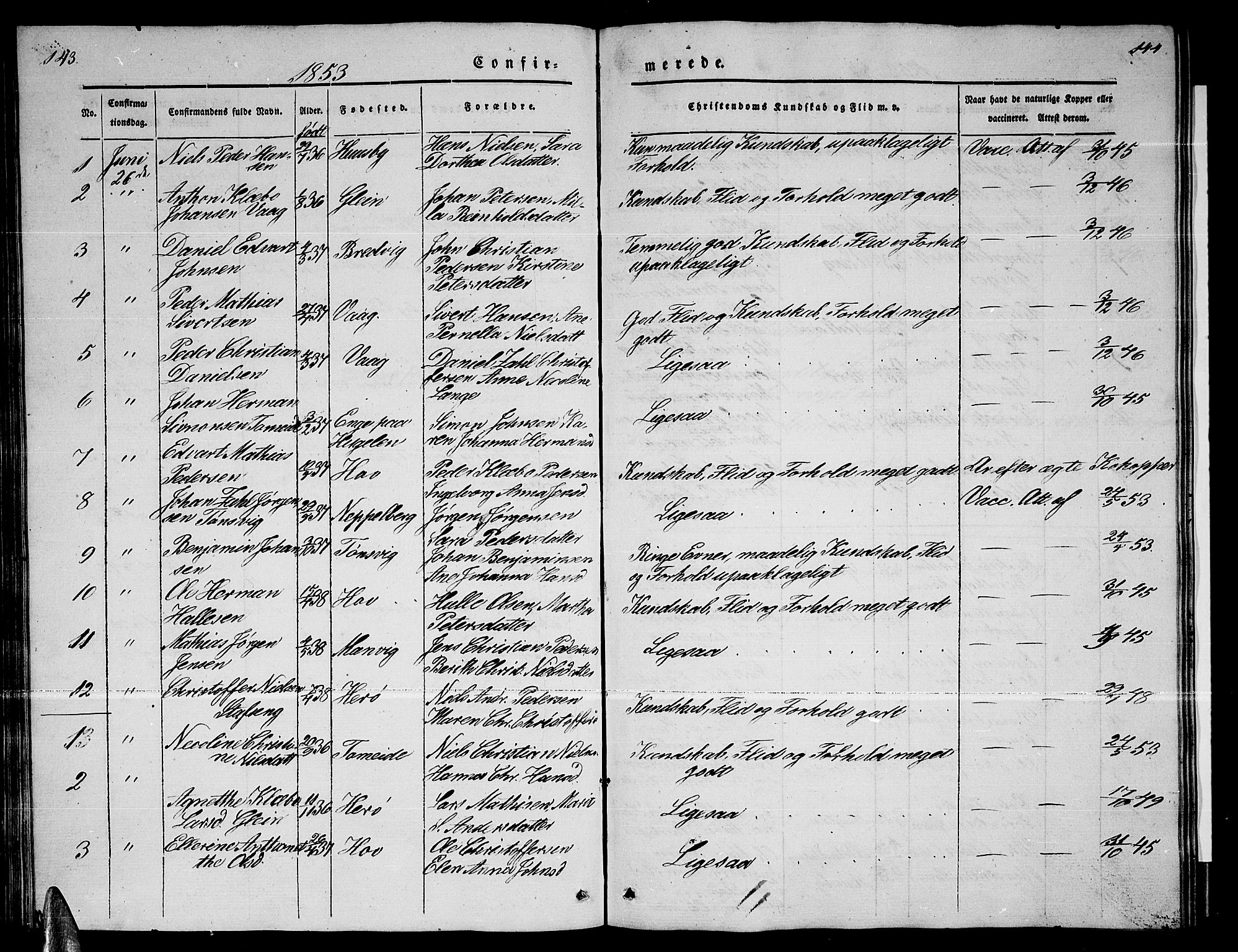 Ministerialprotokoller, klokkerbøker og fødselsregistre - Nordland, AV/SAT-A-1459/835/L0530: Klokkerbok nr. 835C02, 1842-1865, s. 143-144