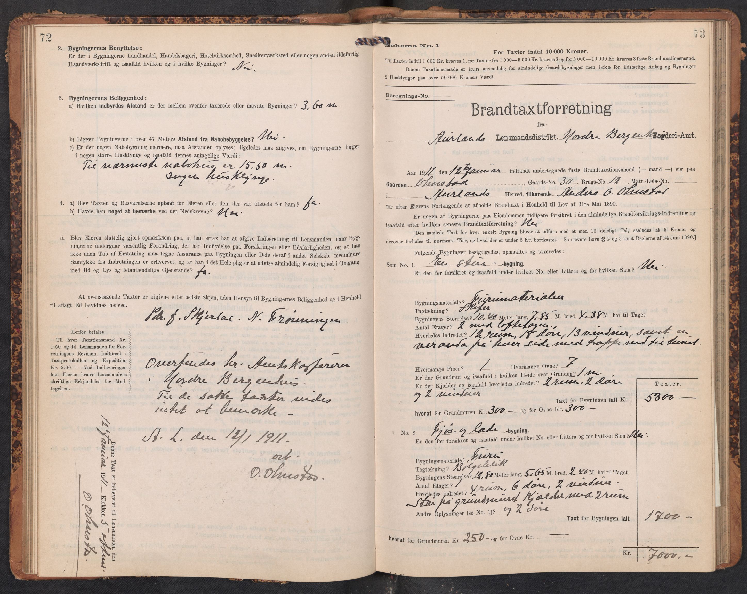 Lensmannen i Aurland, SAB/A-26401/0012/L0005: Branntakstprotokoll, skjematakst, 1909-1916, s. 72-73