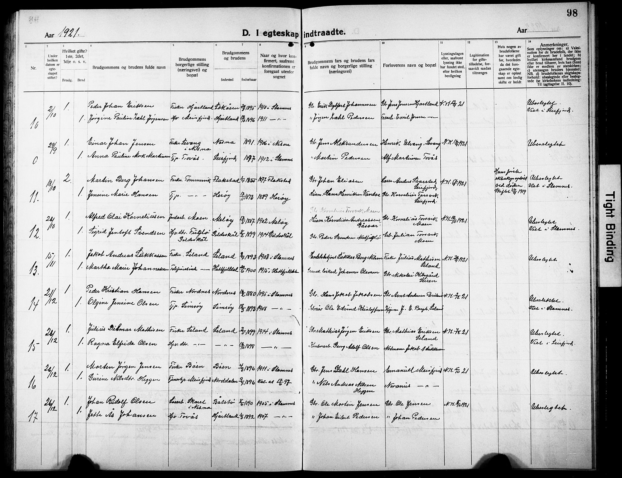 Ministerialprotokoller, klokkerbøker og fødselsregistre - Nordland, AV/SAT-A-1459/832/L0495: Klokkerbok nr. 832C02, 1920-1932, s. 98