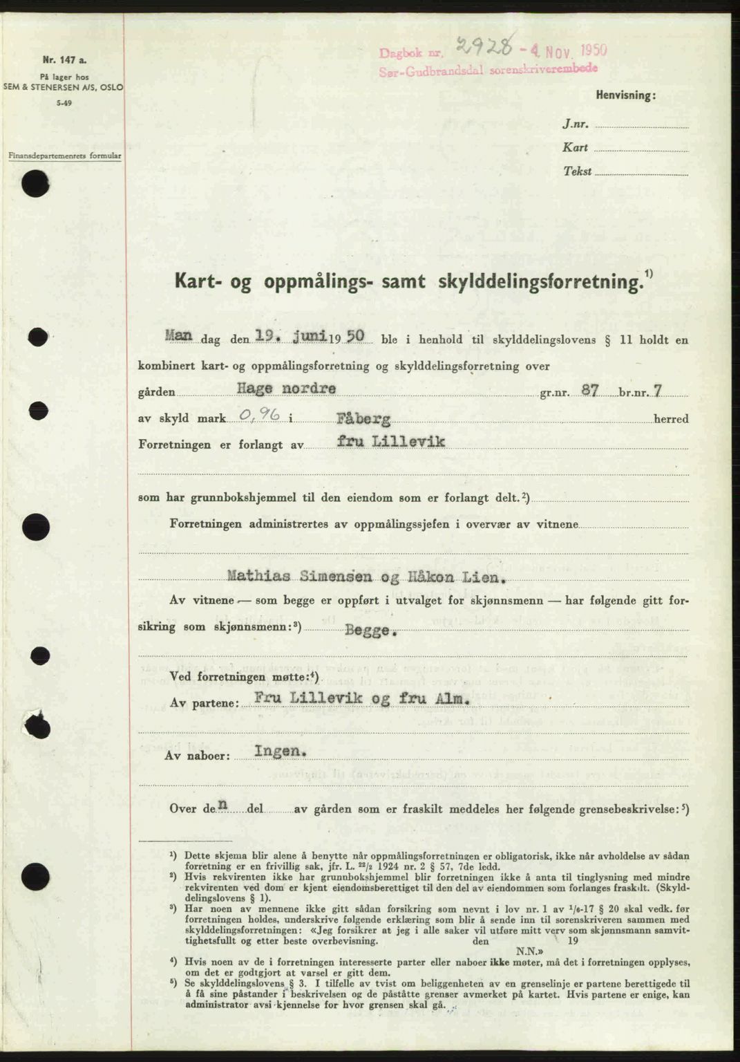 Sør-Gudbrandsdal tingrett, SAH/TING-004/H/Hb/Hbd/L0029: Pantebok nr. A29, 1950-1950, Dagboknr: 2928/1950