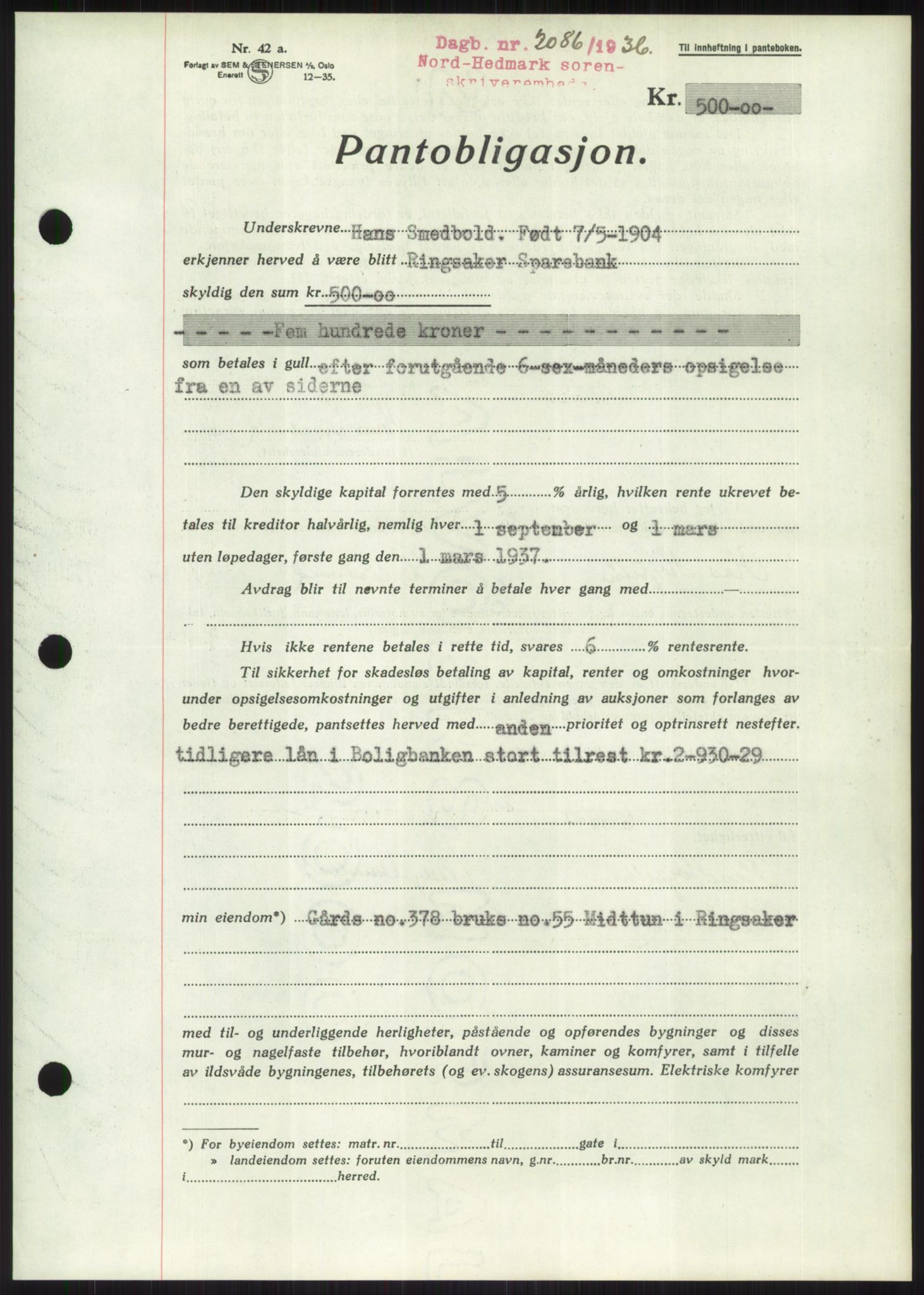 Nord-Hedmark sorenskriveri, SAH/TING-012/H/Hb/Hbf/L0001: Pantebok nr. B1, 1936-1936, Dagboknr: 2086/1936