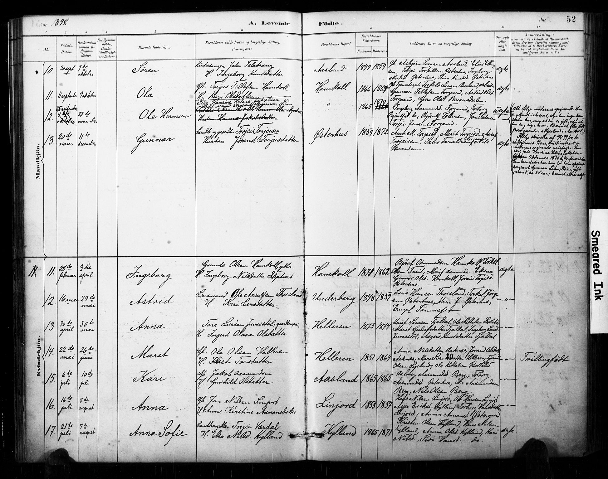 Åseral sokneprestkontor, AV/SAK-1111-0051/F/Fa/L0003: Ministerialbok nr. A 3, 1884-1901, s. 52