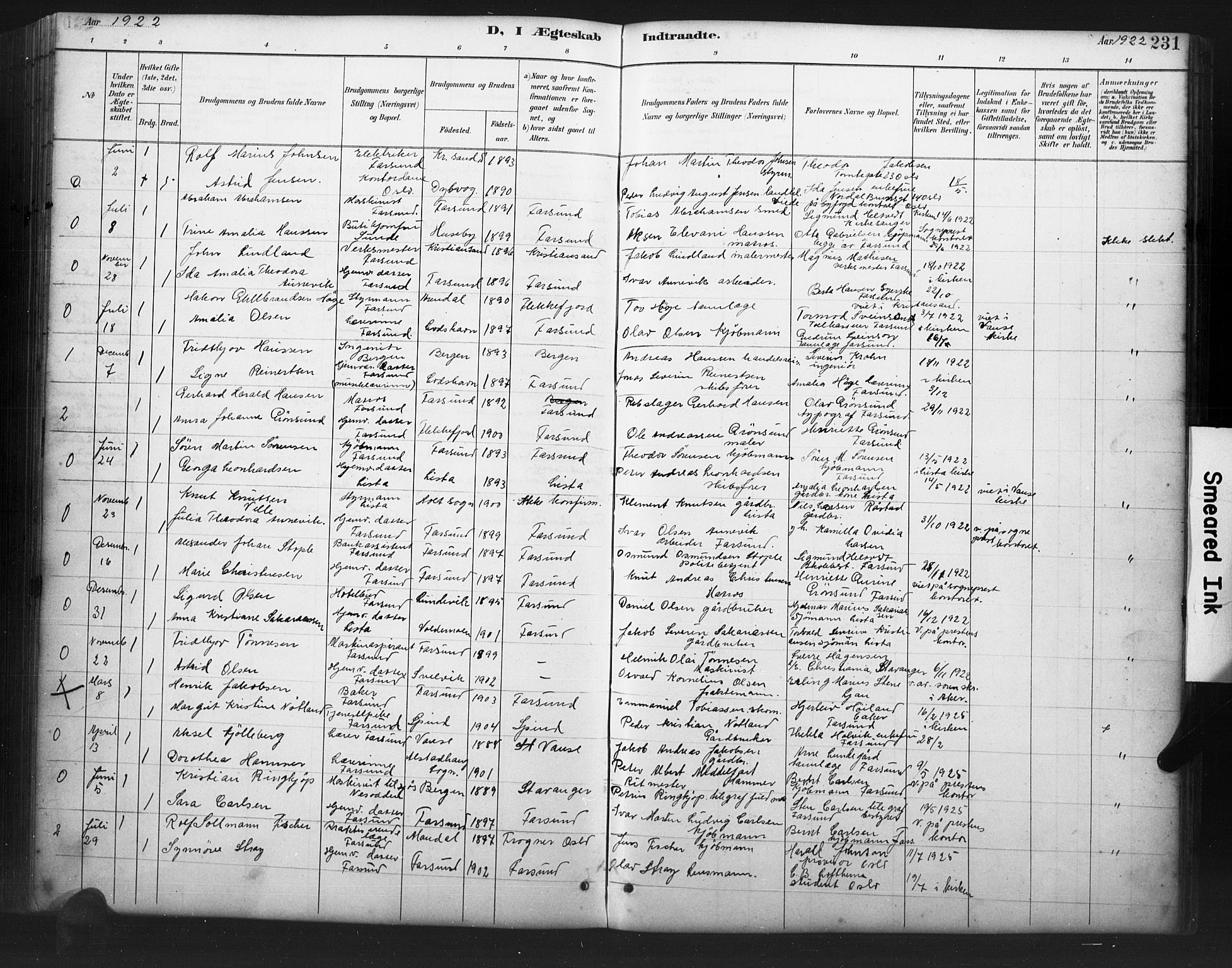 Farsund sokneprestkontor, AV/SAK-1111-0009/F/Fb/L0001: Klokkerbok nr. B 1, 1886-1931, s. 231