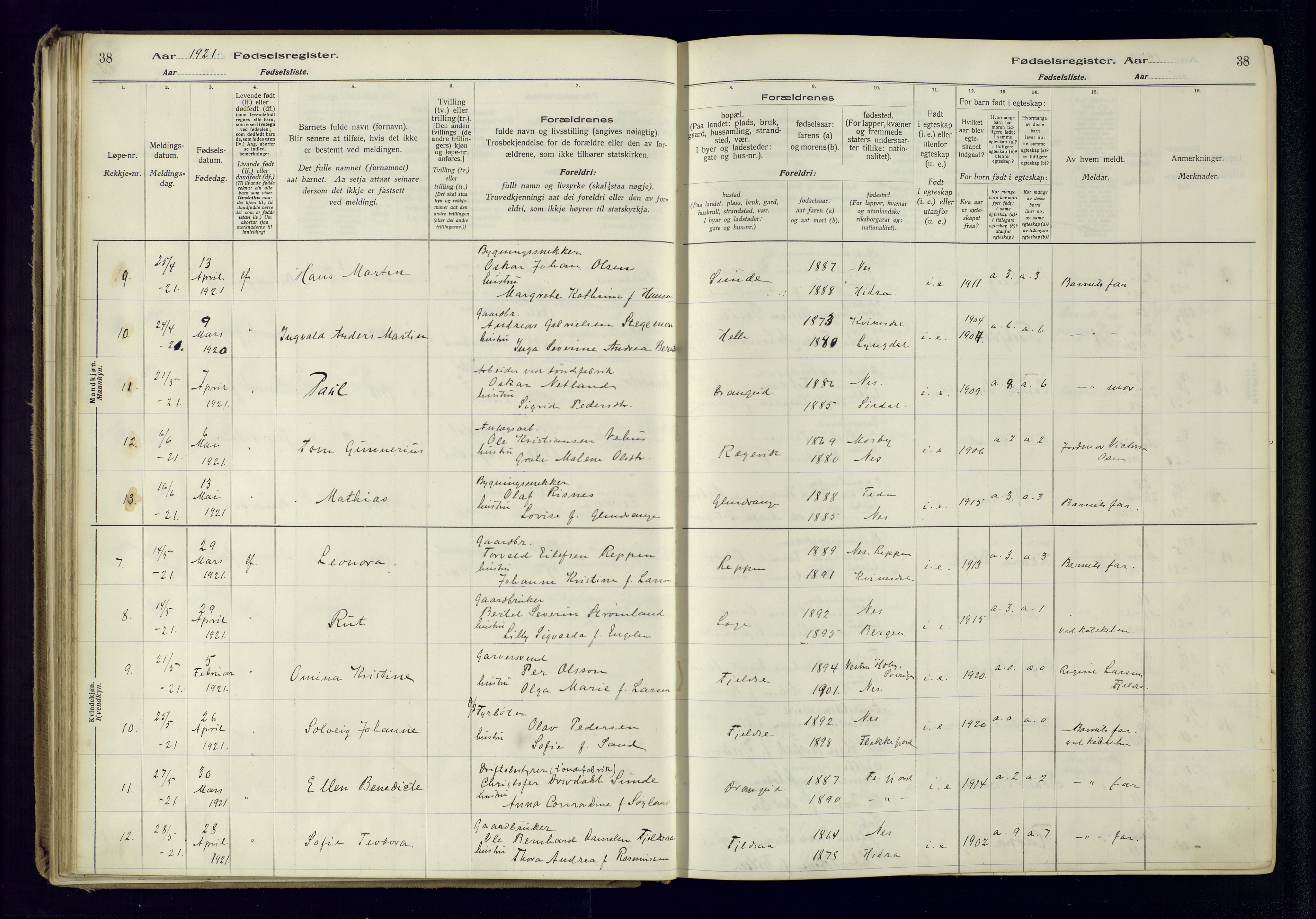 Flekkefjord sokneprestkontor, AV/SAK-1111-0012/J/Ja/L0005: Fødselsregister nr. 5, 1916-1950, s. 38