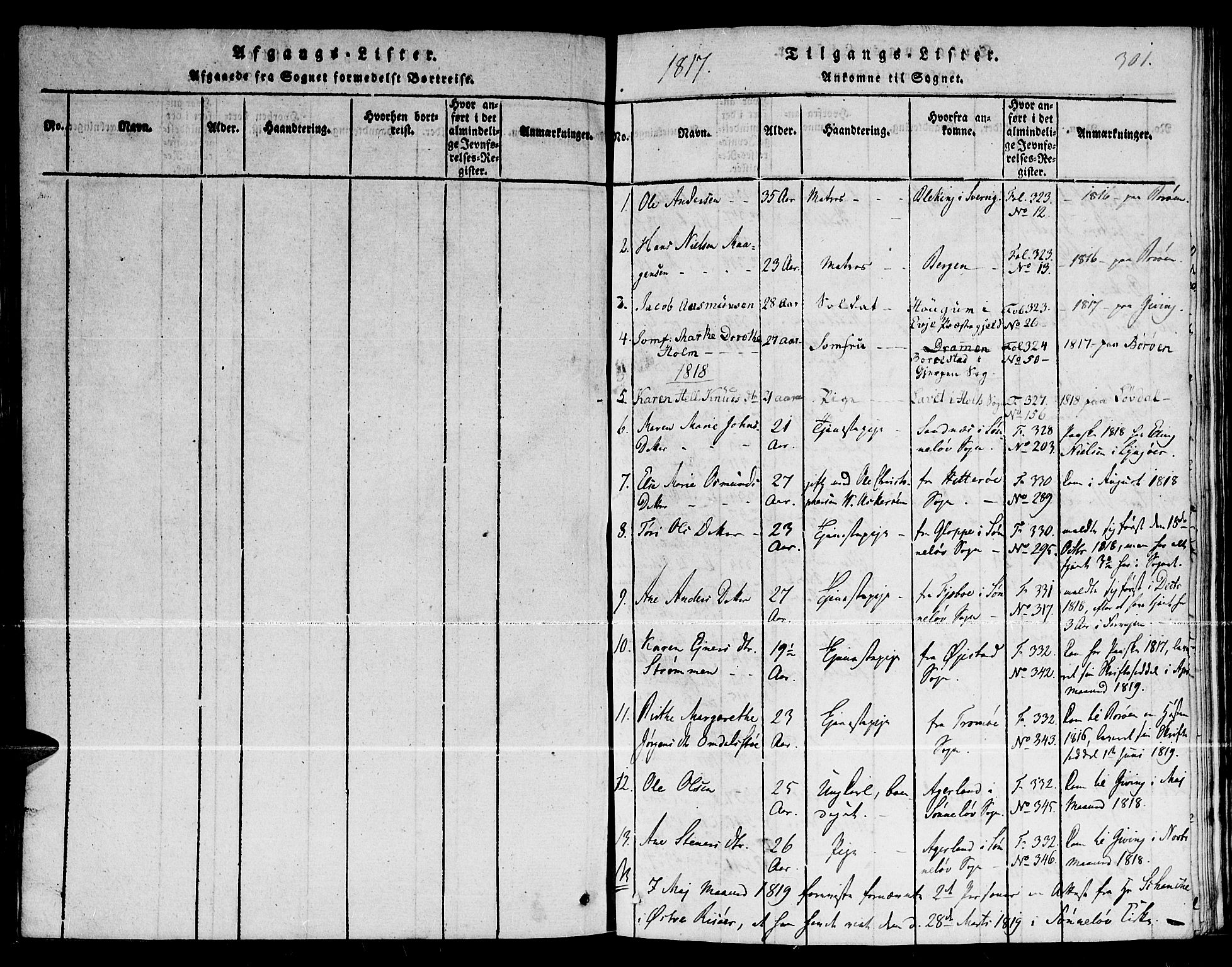Dypvåg sokneprestkontor, SAK/1111-0007/F/Fb/Fba/L0009: Klokkerbok nr. B 9, 1816-1842, s. 301