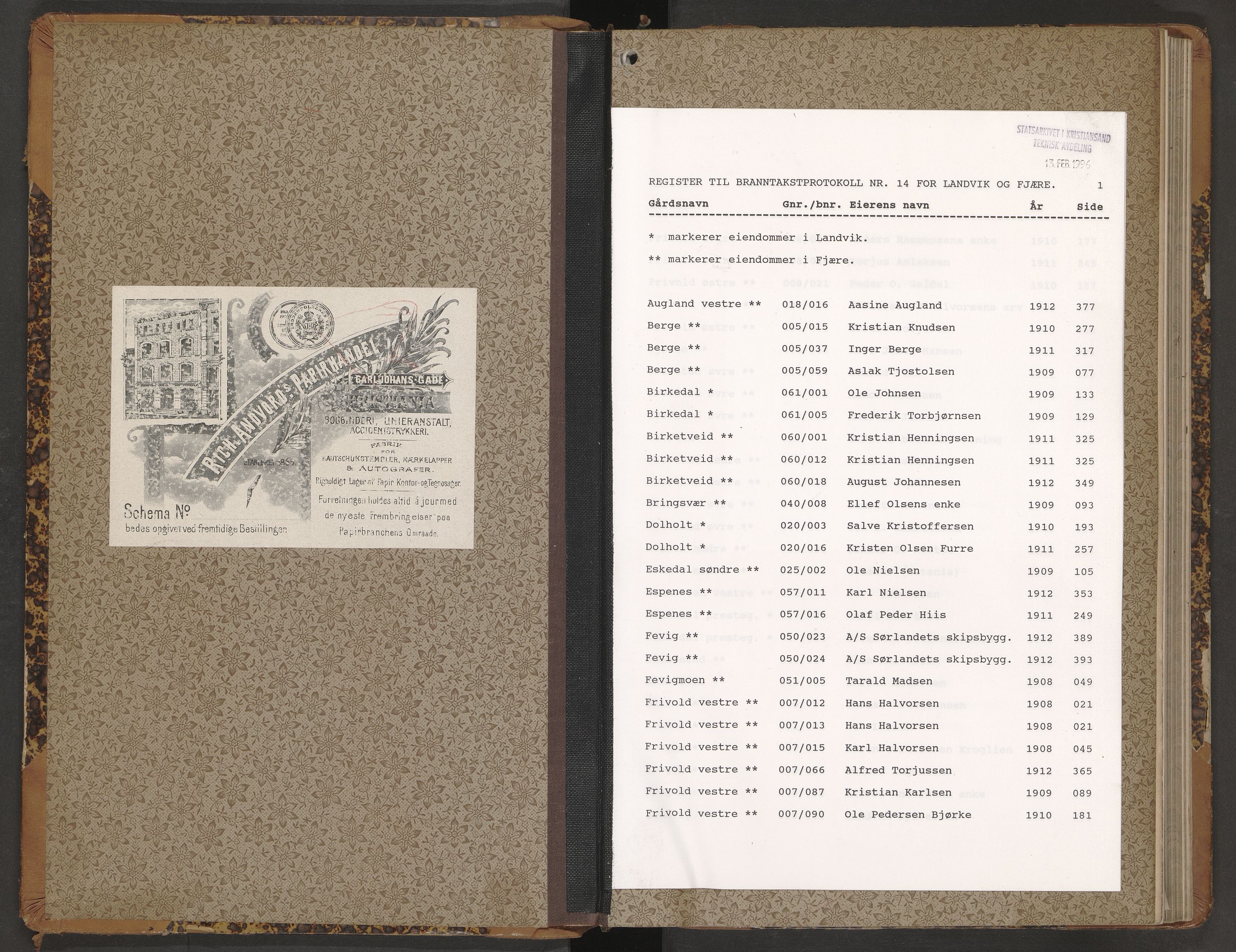 Norges Brannkasse Landvik og Fjære, AV/SAK-2241-0032/F/Fa/L0014: Branntakstprotokoll nr. 14, 1908-1912