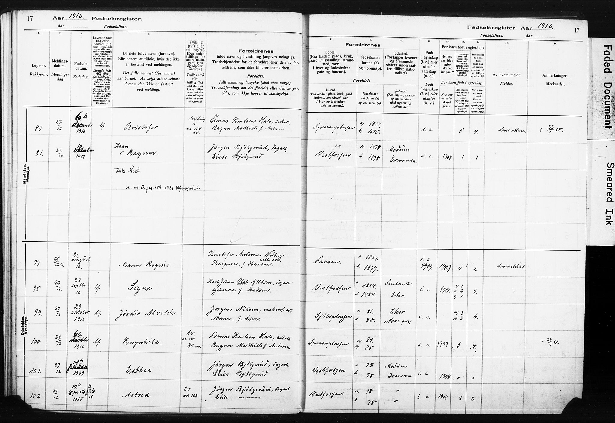 Eiker kirkebøker, AV/SAKO-A-4/J/Ja/L0001: Fødselsregister nr. I 1, 1916-1927, s. 17