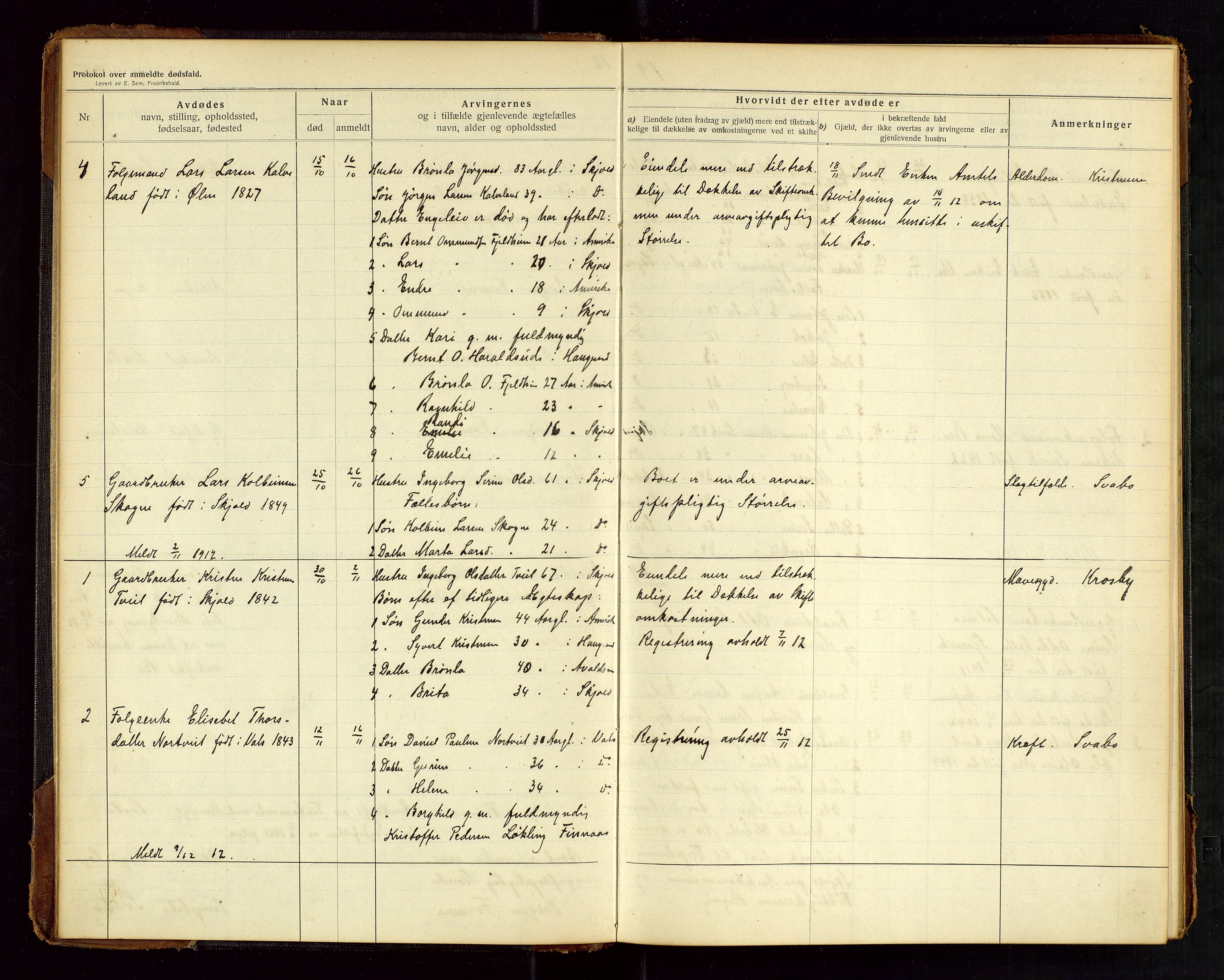 Skjold lensmannskontor, SAST/A-100182/Gga/L0003: "Protokol over anmeldte dødsfald i Skjolds lensmandsdistrikt", 1912-1922