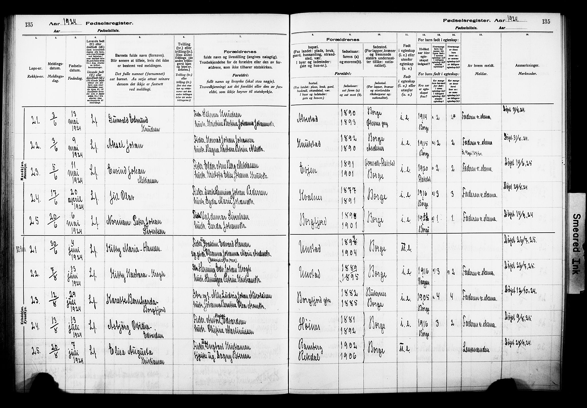 Ministerialprotokoller, klokkerbøker og fødselsregistre - Nordland, AV/SAT-A-1459/880/L1145: Fødselsregister nr. 880.II.4.1, 1916-1929, s. 135