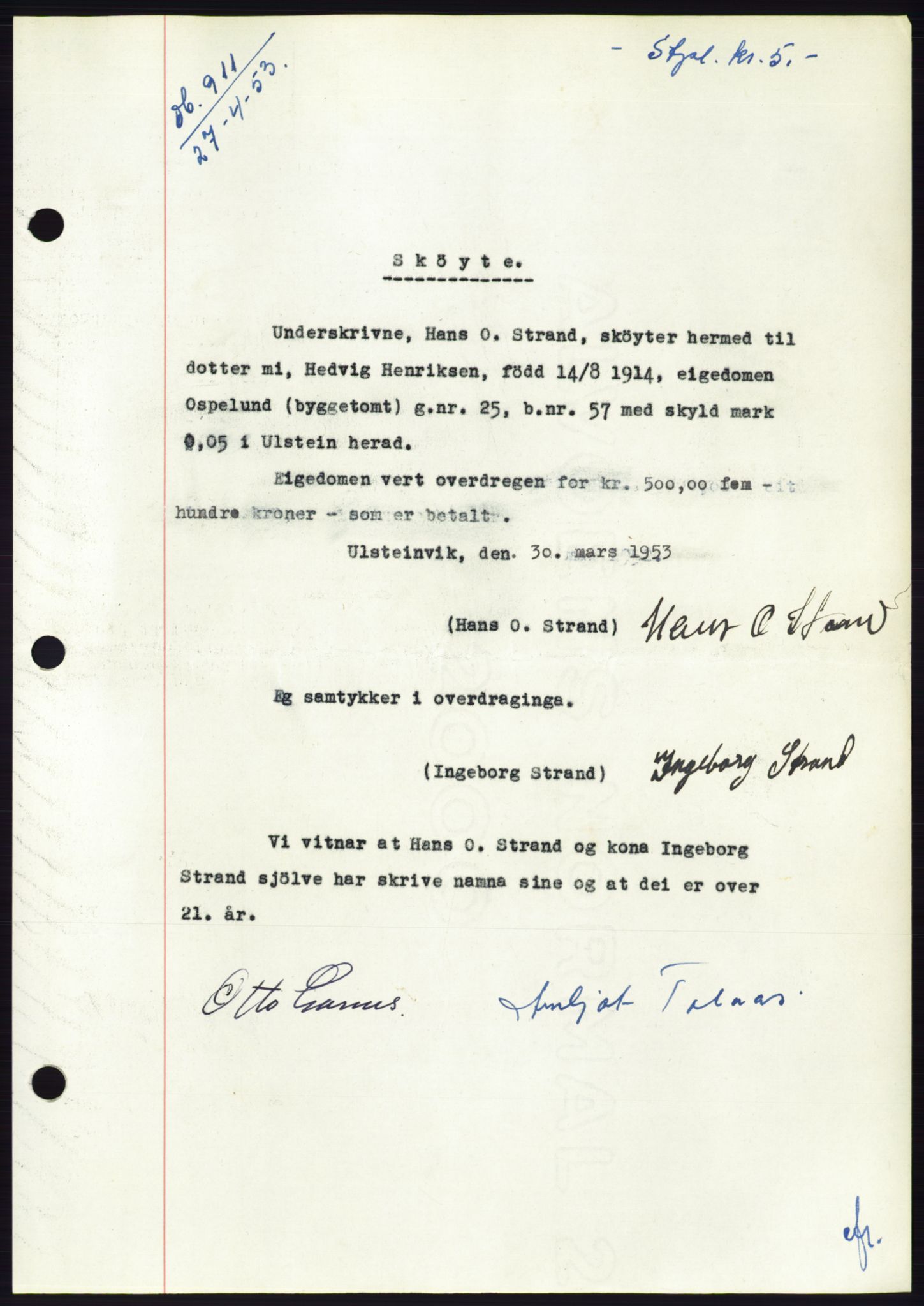 Søre Sunnmøre sorenskriveri, AV/SAT-A-4122/1/2/2C/L0094: Pantebok nr. 20A, 1953-1953, Dagboknr: 911/1953