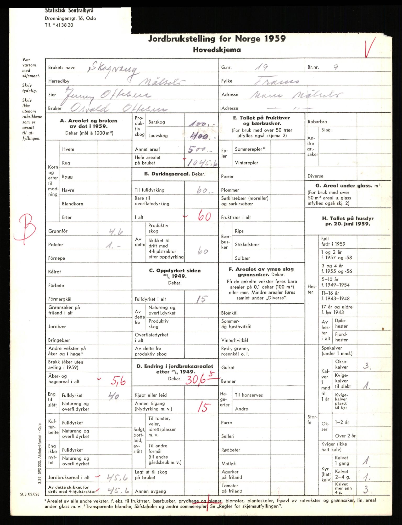 Statistisk sentralbyrå, Næringsøkonomiske emner, Jordbruk, skogbruk, jakt, fiske og fangst, AV/RA-S-2234/G/Gd/L0655: Troms: 1924 Målselv (kl. 4-10), 1959, s. 382