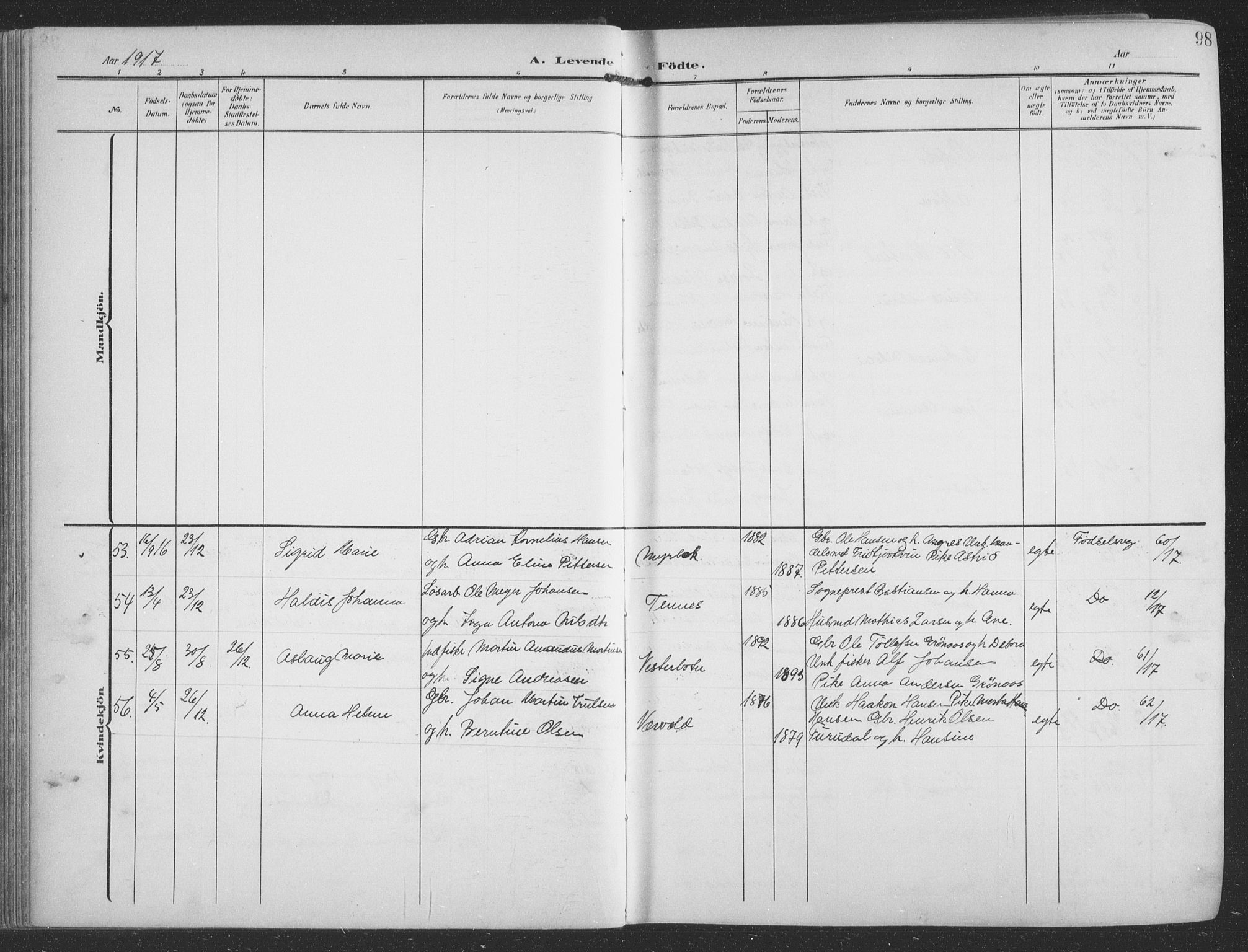 Balsfjord sokneprestembete, AV/SATØ-S-1303/G/Ga/L0009klokker: Klokkerbok nr. 9, 1906-1920, s. 98