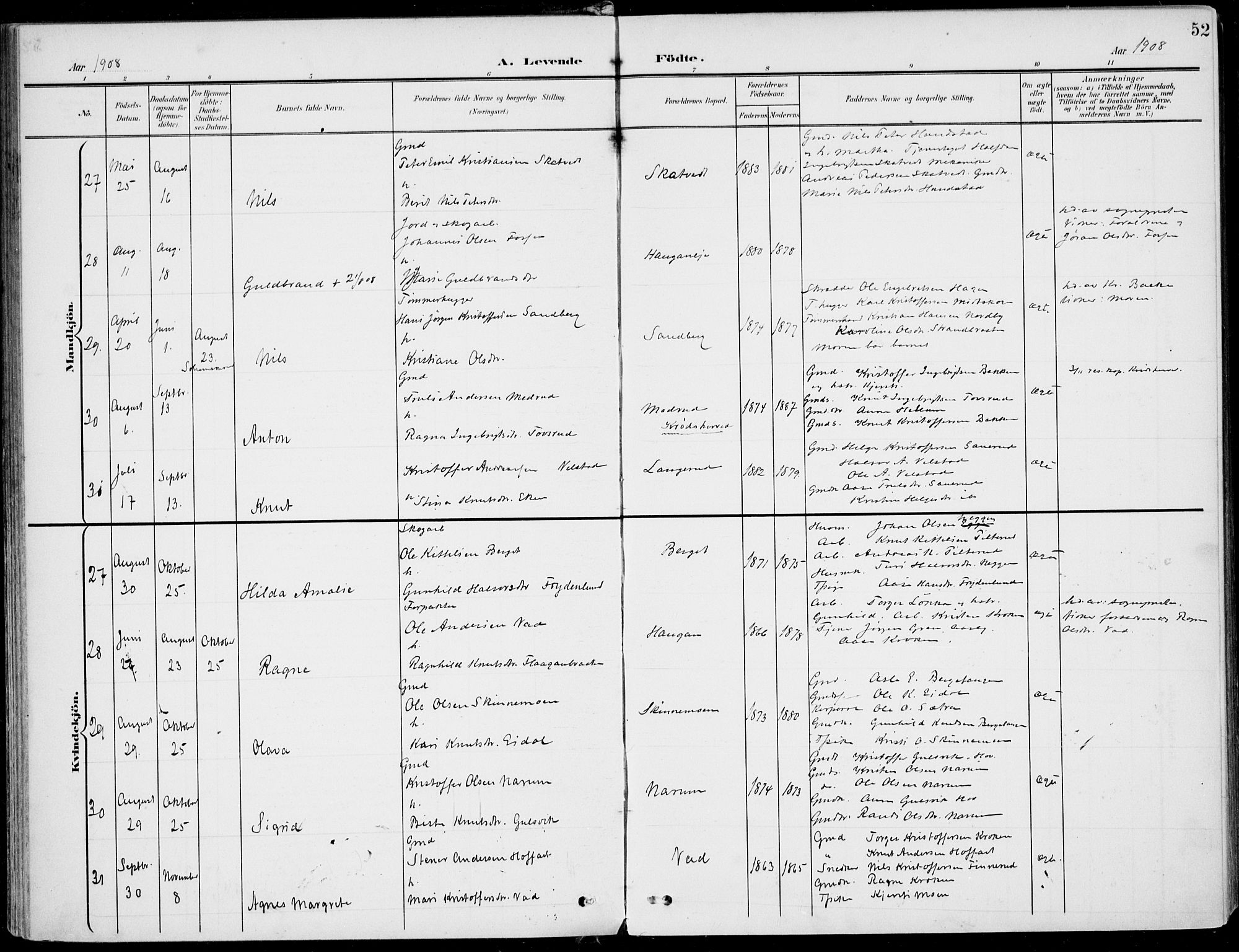 Sigdal kirkebøker, AV/SAKO-A-245/F/Fb/L0002: Ministerialbok nr. II 2, 1901-1914, s. 52