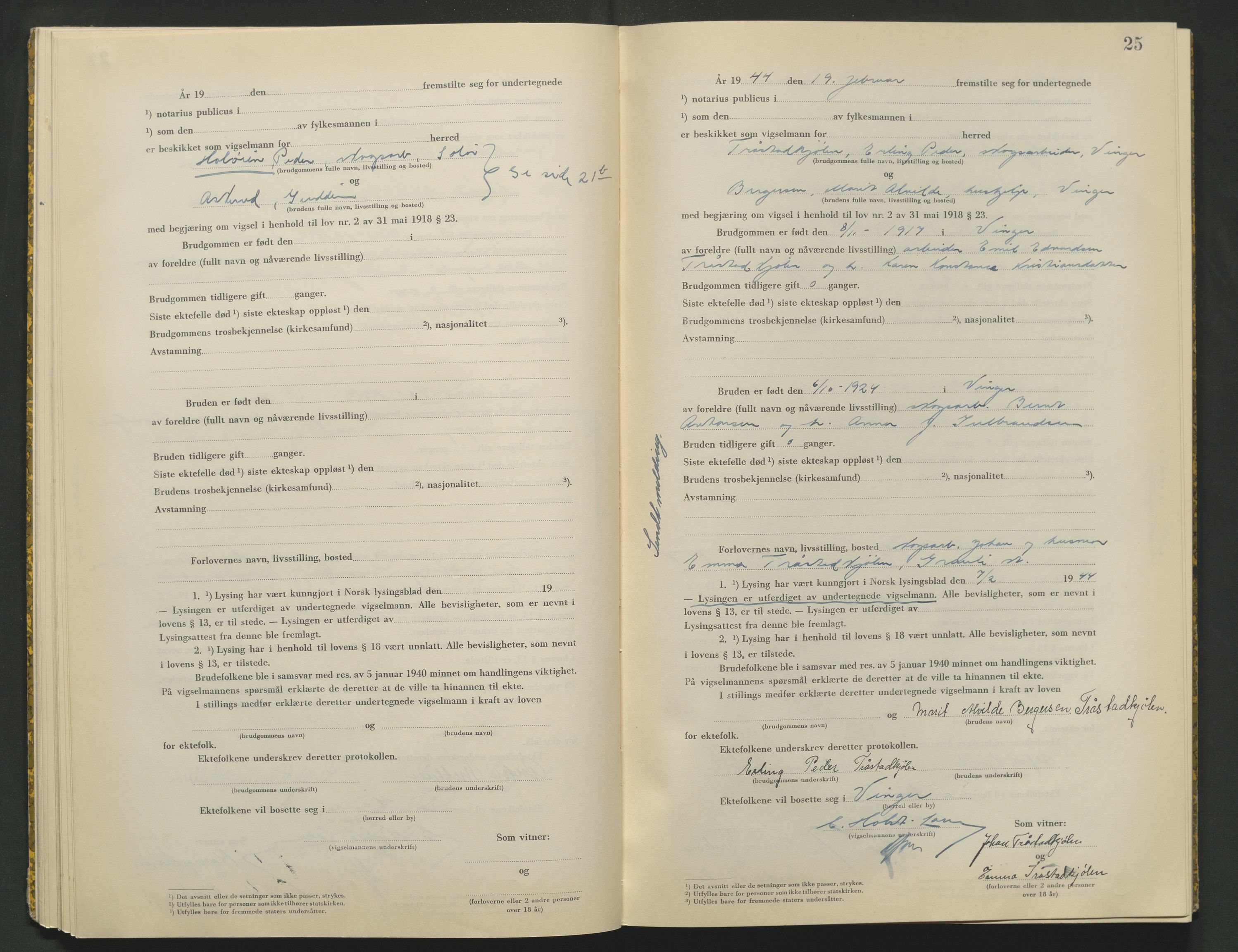 Vinger og Odal sorenskriveri, AV/SAH-TING-022/L/Lb/L0003: Vigselsprotokoll, 1943-1944, s. 25