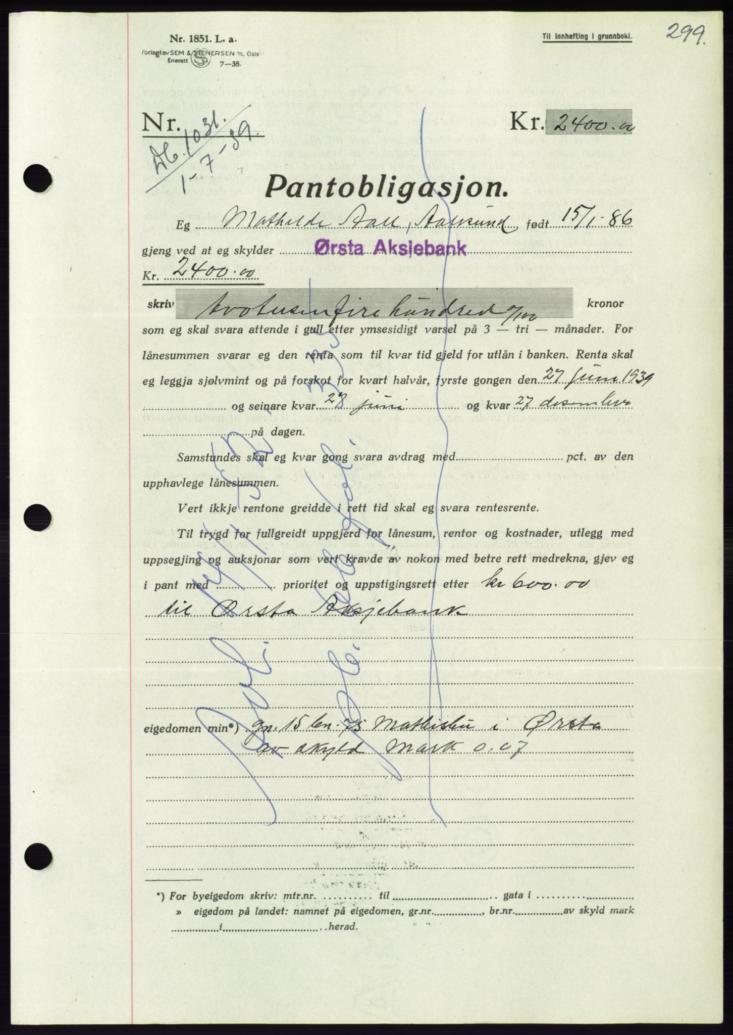 Søre Sunnmøre sorenskriveri, AV/SAT-A-4122/1/2/2C/L0068: Pantebok nr. 62, 1939-1939, Dagboknr: 1031/1939