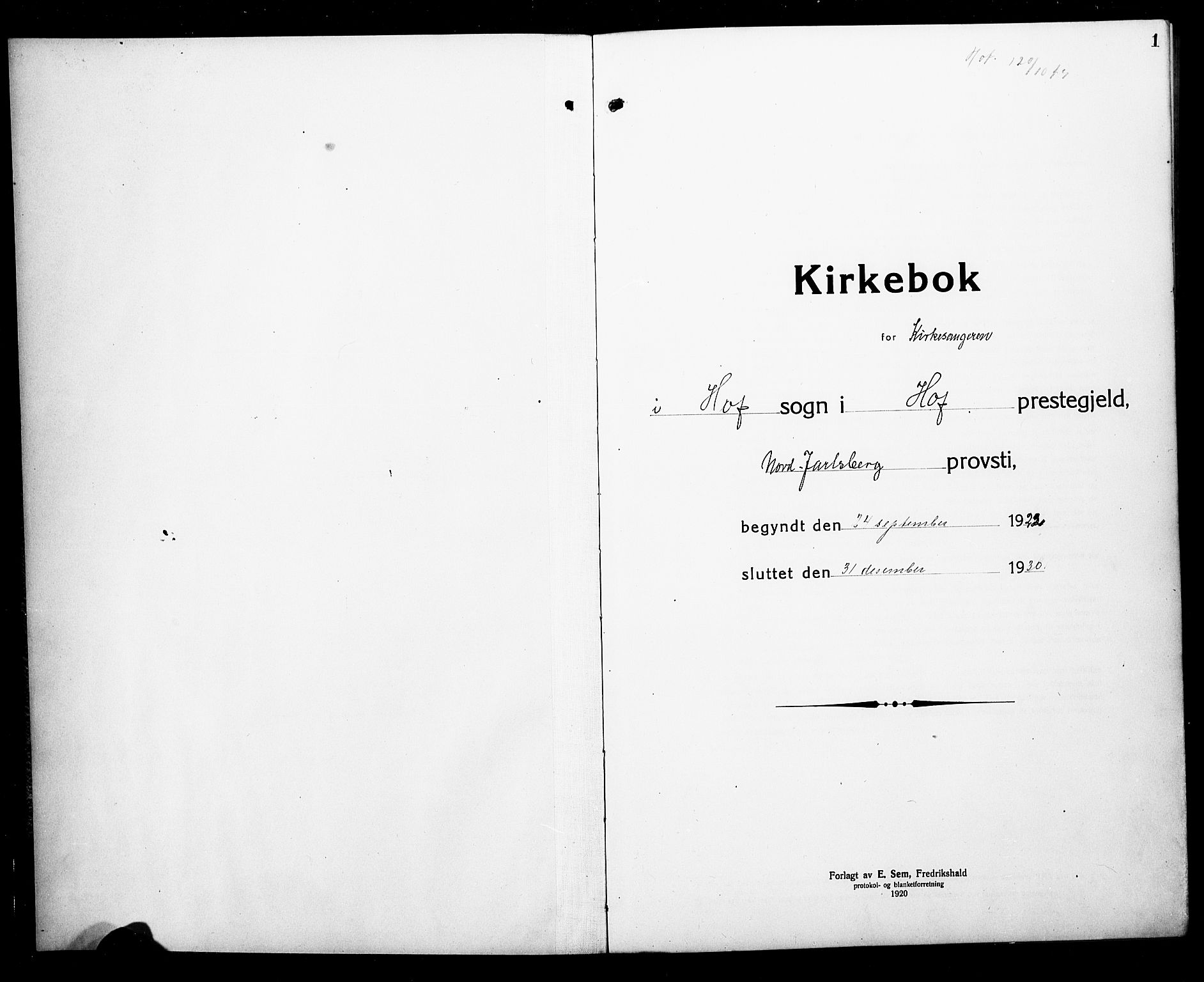 Hof kirkebøker, AV/SAKO-A-64/G/Ga/L0006: Klokkerbok nr. I 6, 1922-1930, s. 1