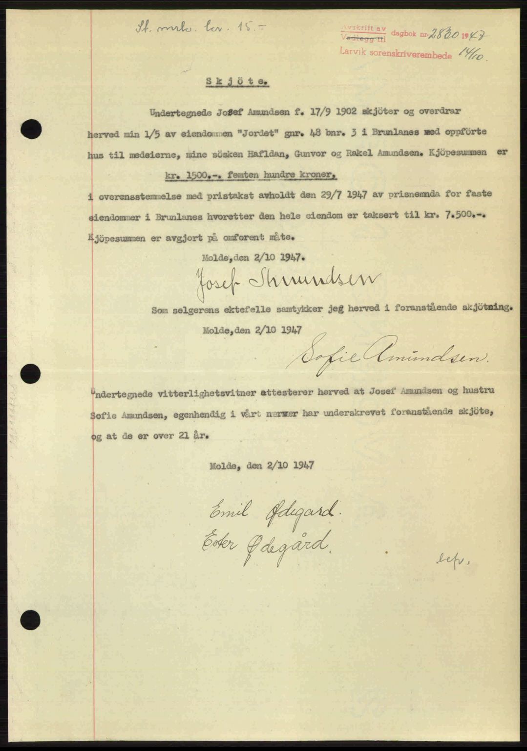 Larvik sorenskriveri, SAKO/A-83/G/Ga/Gab/L0085: Pantebok nr. A-19, 1947-1948, Dagboknr: 2830/1947