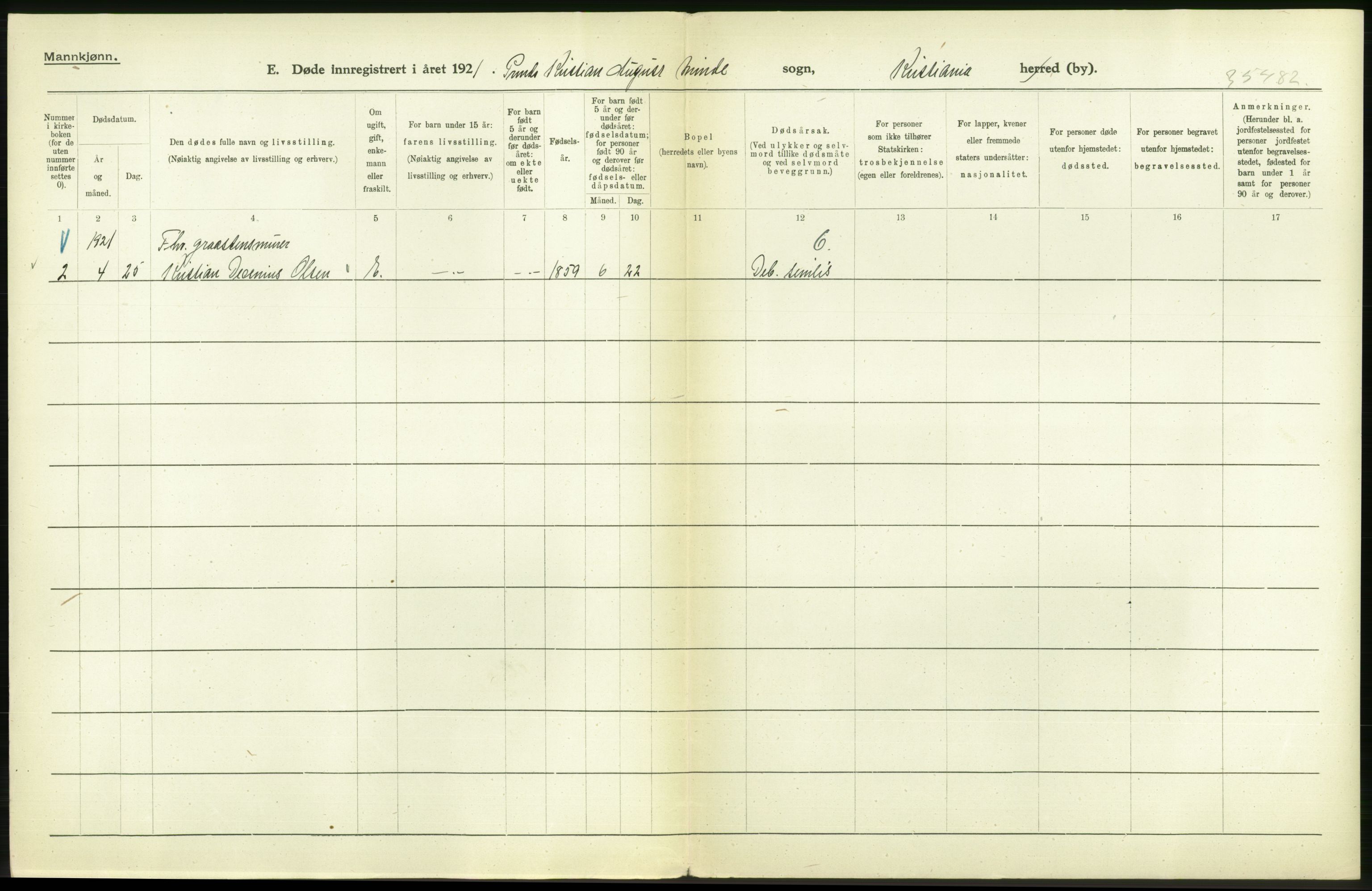 Statistisk sentralbyrå, Sosiodemografiske emner, Befolkning, AV/RA-S-2228/D/Df/Dfc/Dfca/L0013: Kristiania: Døde, dødfødte, 1921, s. 6