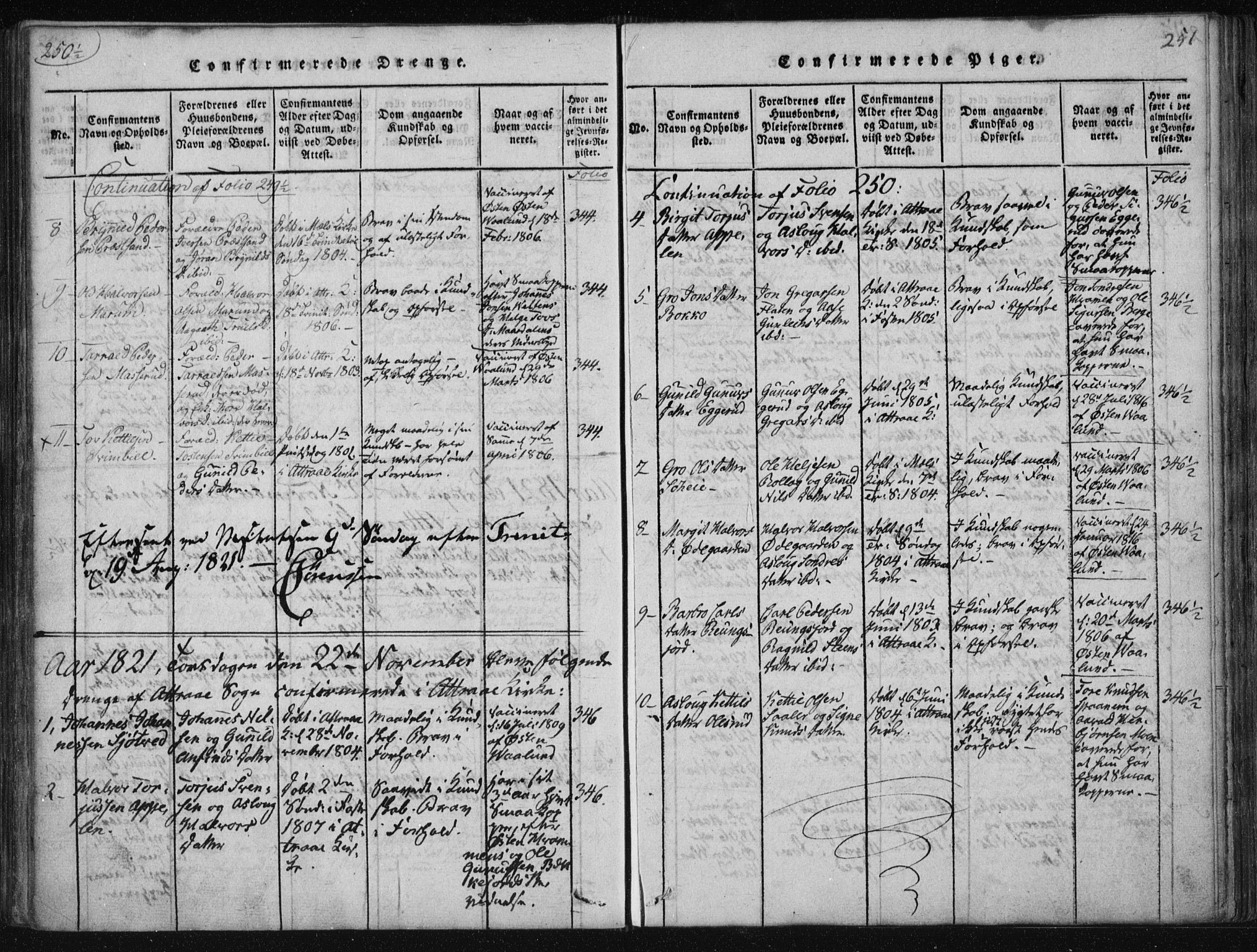Tinn kirkebøker, AV/SAKO-A-308/F/Fa/L0004: Ministerialbok nr. I 4, 1815-1843, s. 250b-251a
