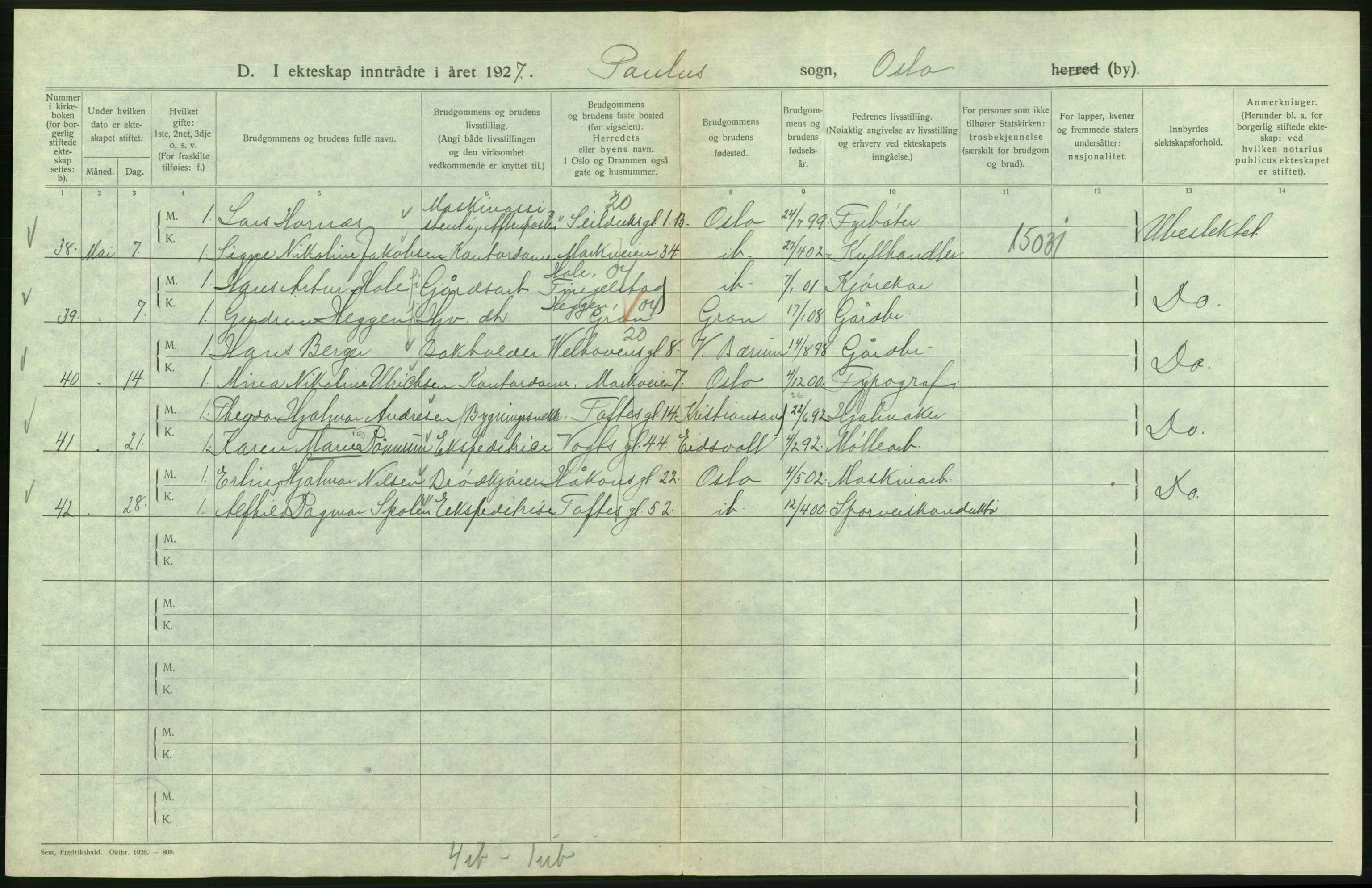 Statistisk sentralbyrå, Sosiodemografiske emner, Befolkning, AV/RA-S-2228/D/Df/Dfc/Dfcg/L0008: Oslo: Gifte, 1927, s. 452