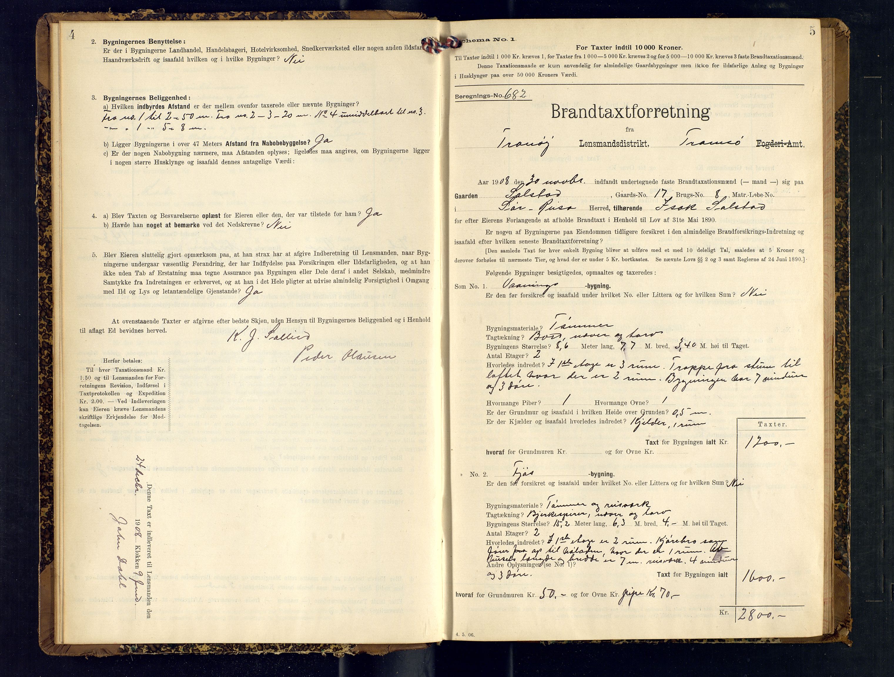 Tranøy lensmannskontor (Sørreisa lensmannskontor), SATØ/SATØ-46/1/F/Fq/Fqc/L0254: Branntakstprotokoller, 1908-1910, s. 4-5