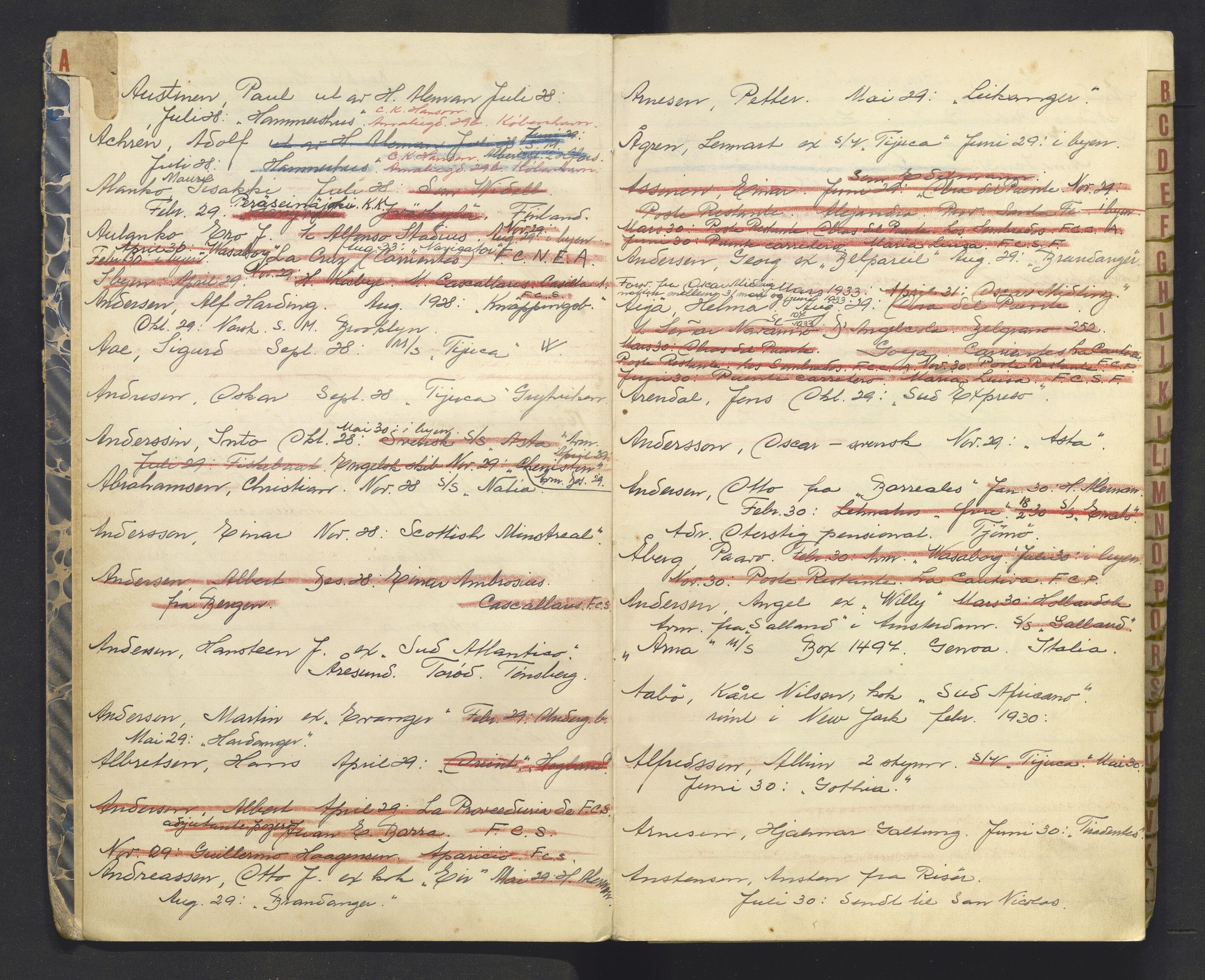 Den norske sjømannsmisjon i utlandet/Syd-Amerika (Buenos Aires m.fl.), AV/SAB-SAB/PA-0118/F/L0003/0002: Adressebøker / Adressebok for sjømenn, 1915-1936