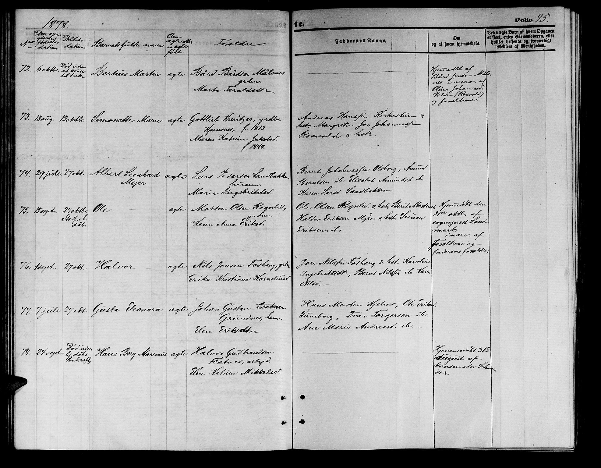 Målselv sokneprestembete, AV/SATØ-S-1311/G/Ga/Gab/L0003klokker: Klokkerbok nr. 3, 1874-1885, s. 45