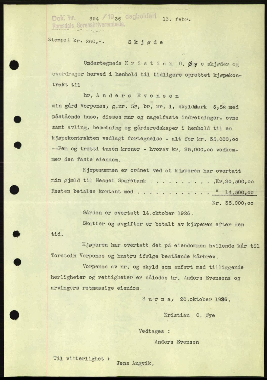 Romsdal sorenskriveri, AV/SAT-A-4149/1/2/2C: Pantebok nr. A1, 1936-1936, Dagboknr: 394/1936