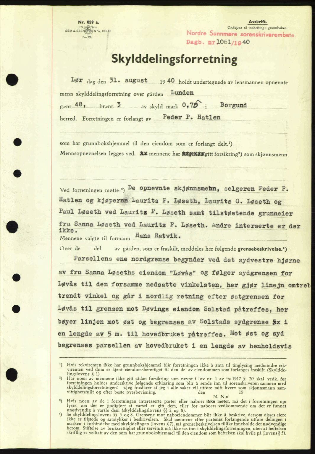 Nordre Sunnmøre sorenskriveri, AV/SAT-A-0006/1/2/2C/2Ca: Pantebok nr. A9, 1940-1940, Dagboknr: 1051/1940