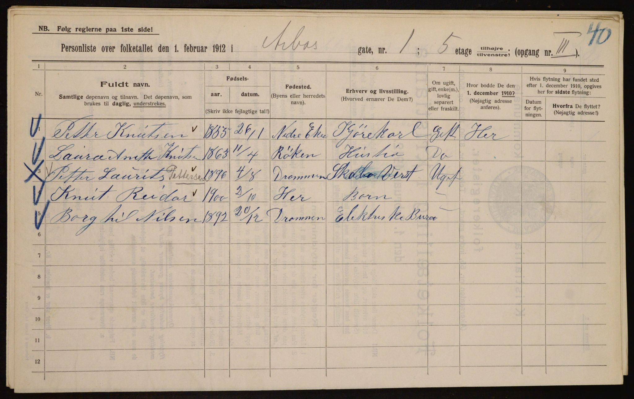 OBA, Kommunal folketelling 1.2.1912 for Kristiania, 1912, s. 1656