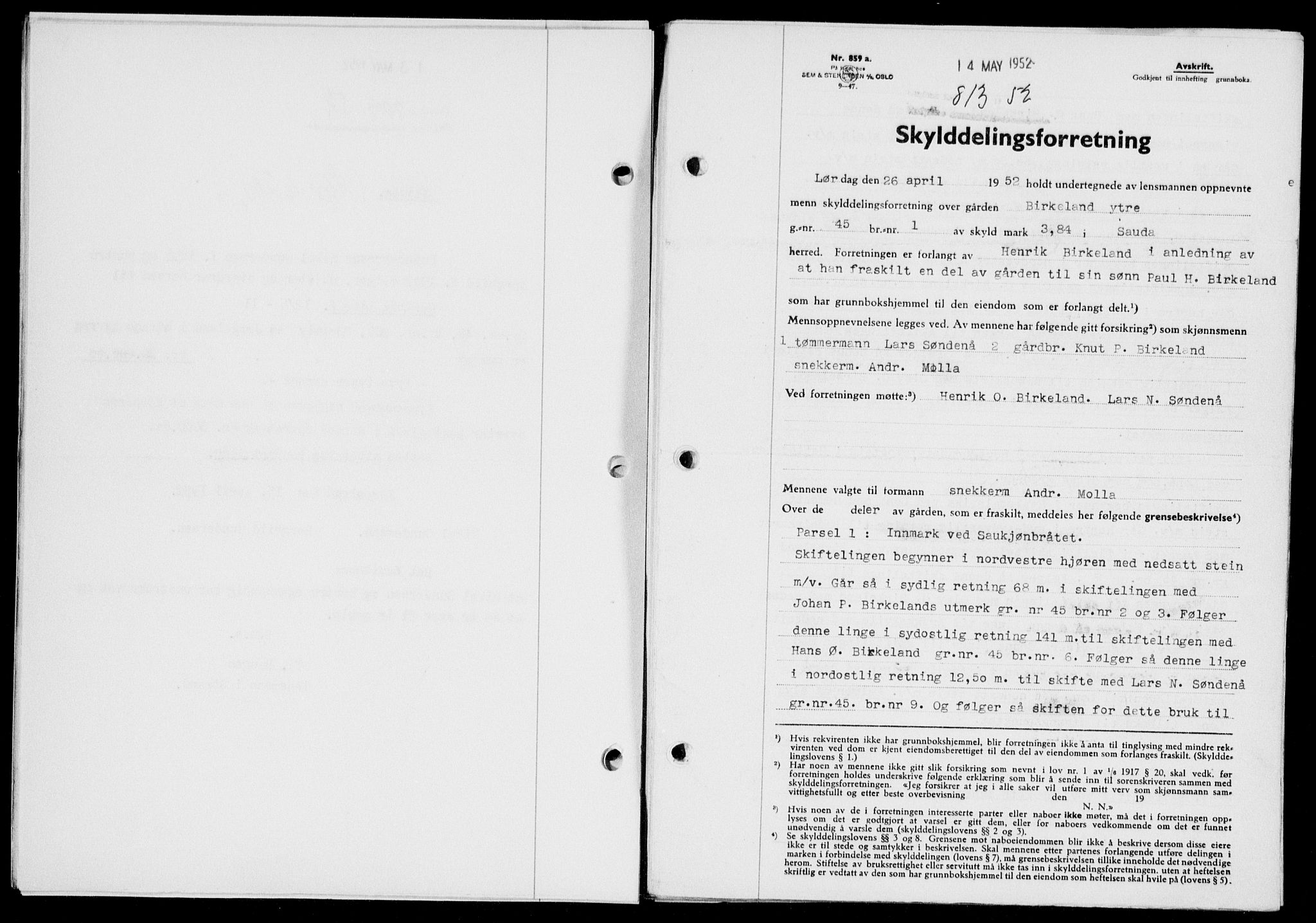 Ryfylke tingrett, SAST/A-100055/001/II/IIB/L0116: Pantebok nr. 95, 1951-1952, Dagboknr: 813/1952