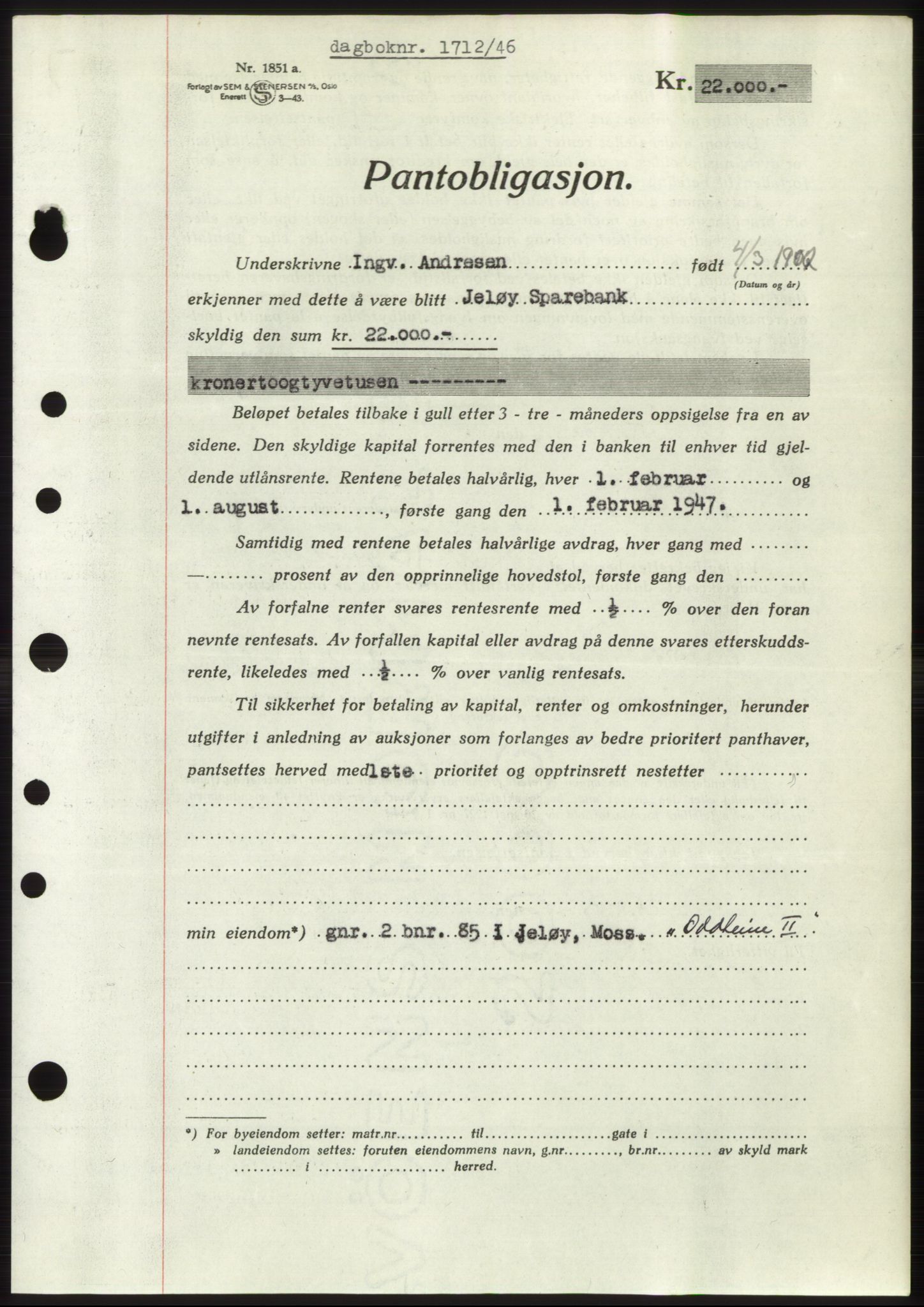 Moss sorenskriveri, SAO/A-10168: Pantebok nr. B15, 1946-1946, Dagboknr: 1712/1946