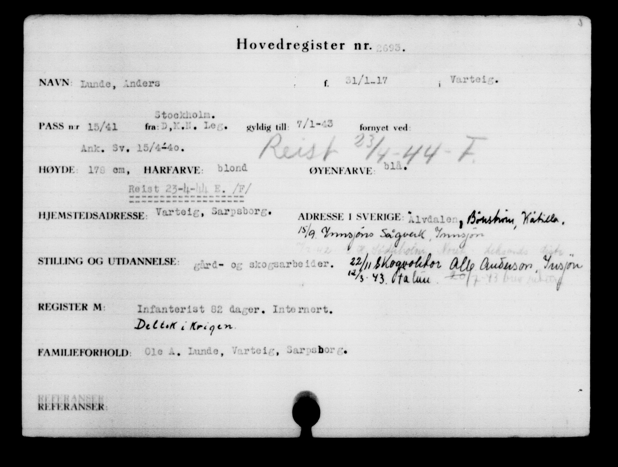 Utenriksstasjonene, Legasjonen i Stockholm, Flyktningkontoret, AV/RA-S-6753/V/Va/L0003: Kjesäterkartoteket, flyktninger med registreringsnr. 2001-3495, 1940-1945, s. 671