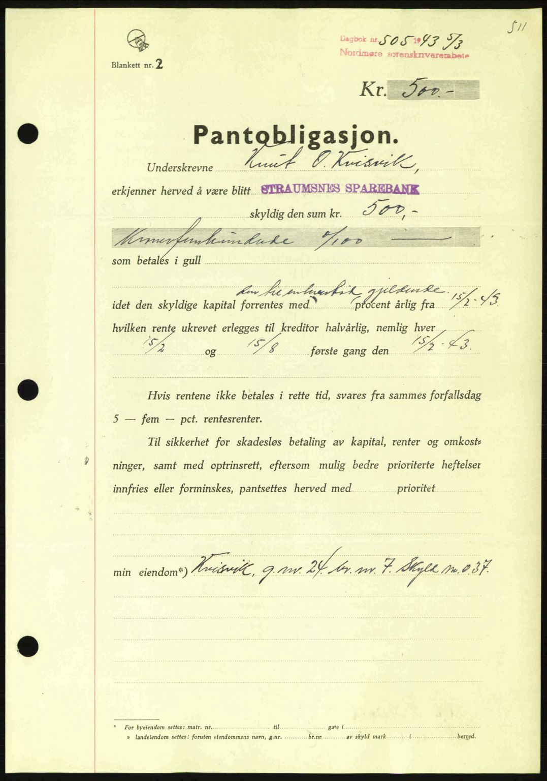 Nordmøre sorenskriveri, SAT/A-4132/1/2/2Ca: Pantebok nr. B90, 1942-1943, Dagboknr: 505/1943