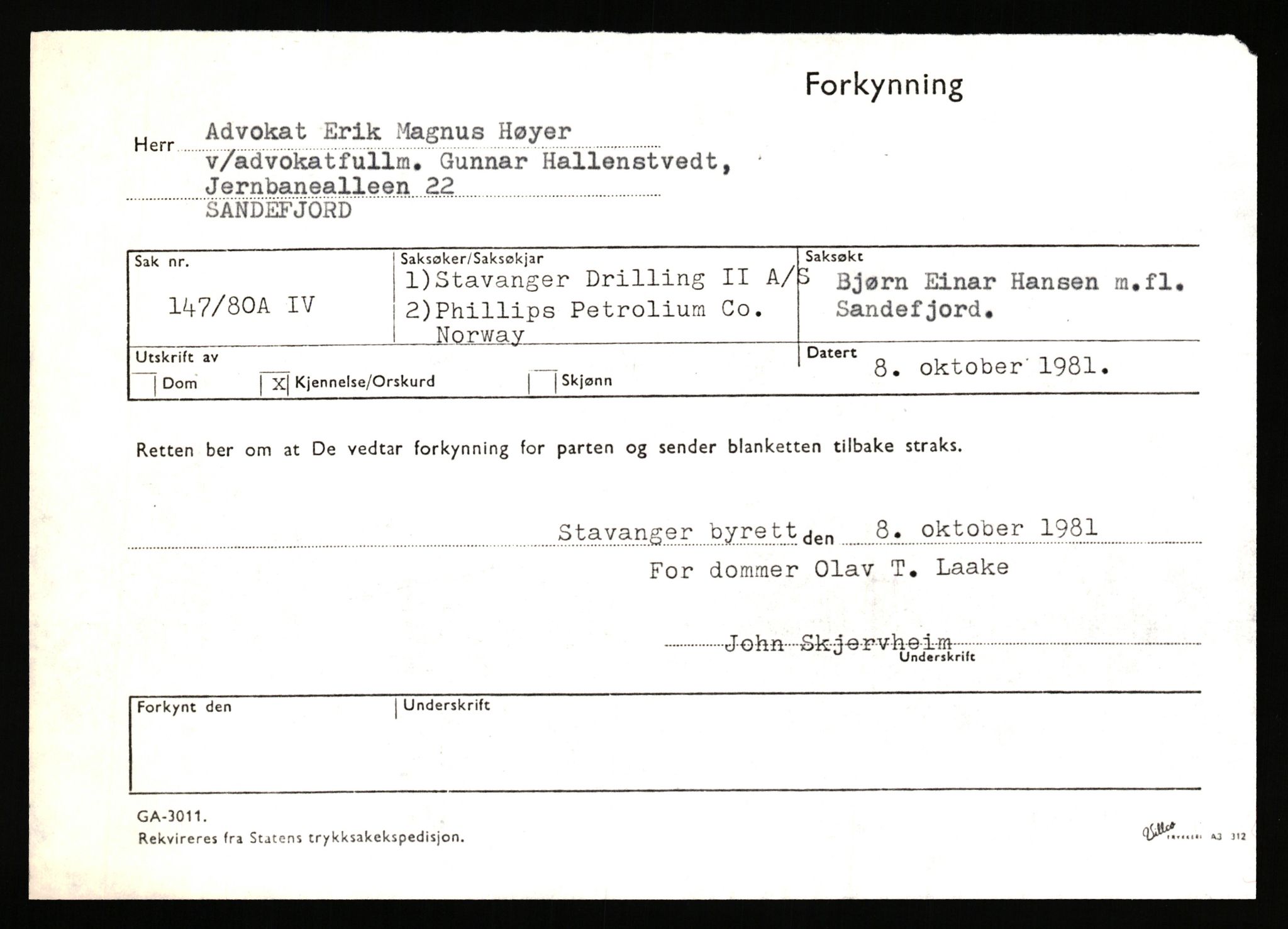 Stavanger byrett, SAST/A-100455/003/F/Fh/Fhb/L0039e: A IV sak nr 147, 1980, s. 272