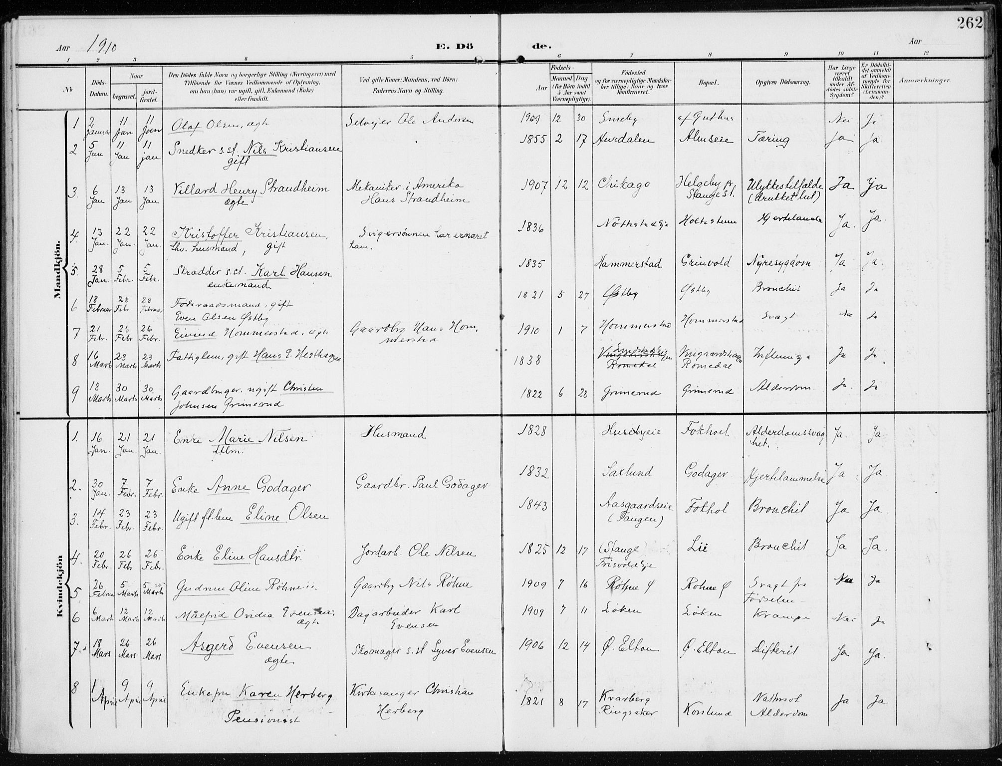 Stange prestekontor, SAH/PREST-002/K/L0024: Ministerialbok nr. 24, 1906-1922, s. 262