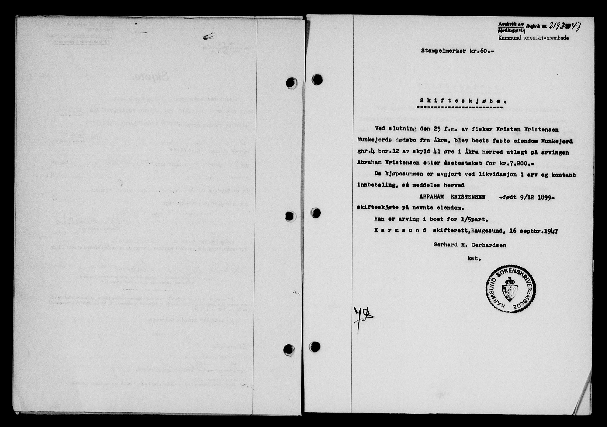 Karmsund sorenskriveri, SAST/A-100311/01/II/IIB/L0090: Pantebok nr. 70A, 1947-1947, Dagboknr: 2193/1947