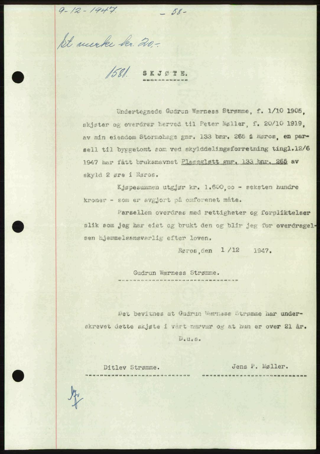 Gauldal sorenskriveri, SAT/A-0014/1/2/2C: Pantebok nr. A5, 1947-1948, Dagboknr: 1581/1947