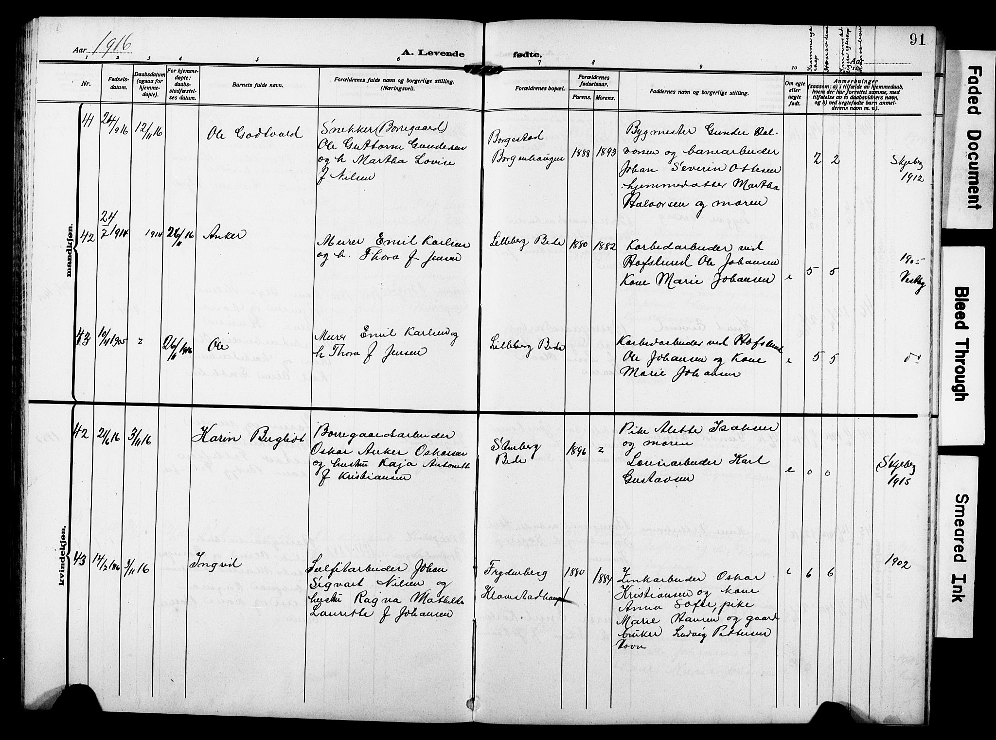 Skjeberg prestekontor Kirkebøker, AV/SAO-A-10923/G/Gd/L0001: Klokkerbok nr. IV 1, 1907-1917, s. 91