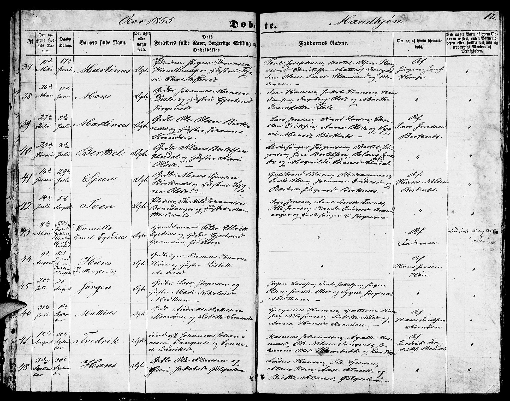Gulen sokneprestembete, AV/SAB-A-80201/H/Hab/Habb/L0001: Klokkerbok nr. B 1, 1854-1866, s. 12
