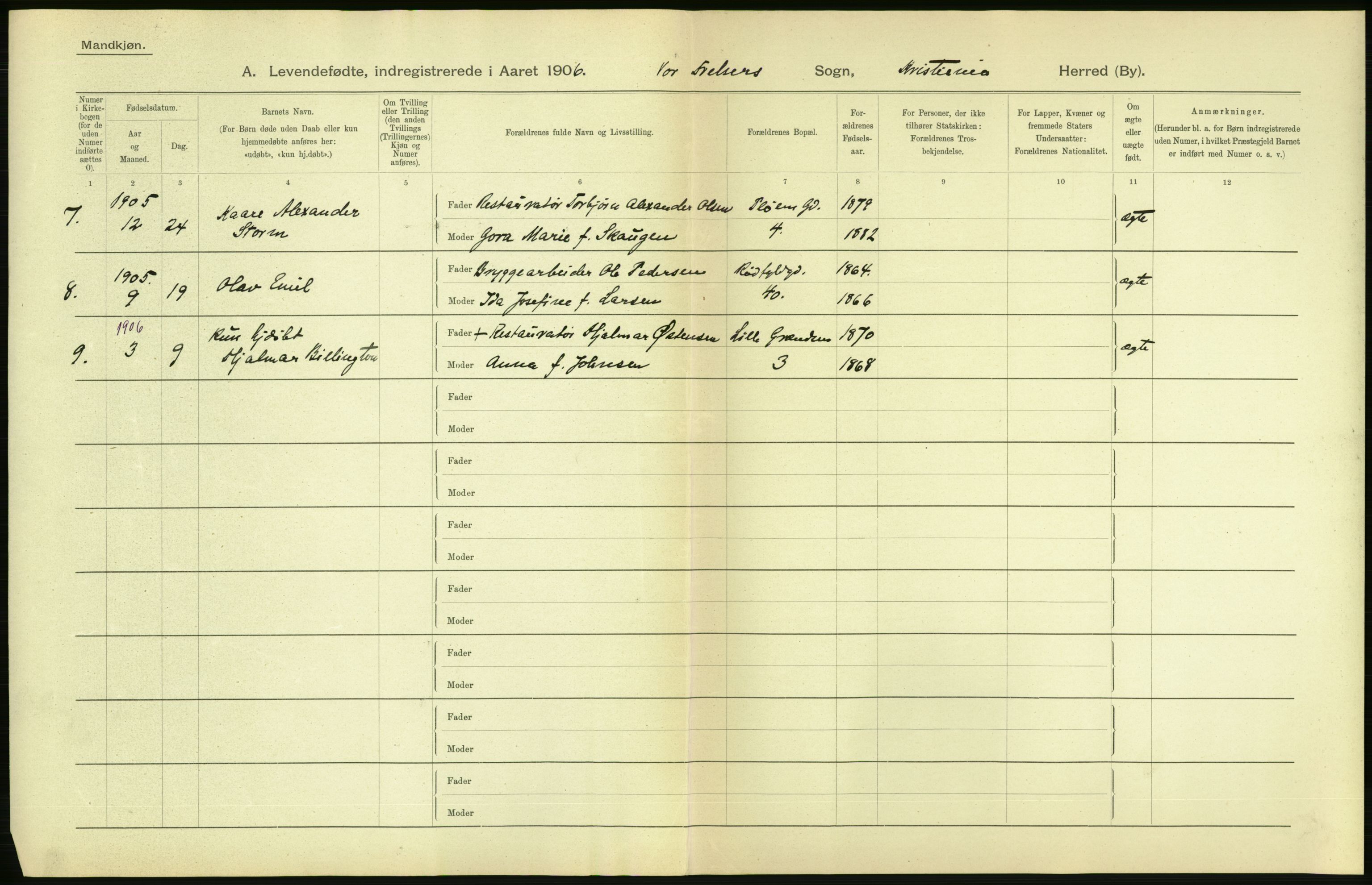 Statistisk sentralbyrå, Sosiodemografiske emner, Befolkning, AV/RA-S-2228/D/Df/Dfa/Dfad/L0007: Kristiania: Levendefødte menn og kvinner., 1906, s. 6