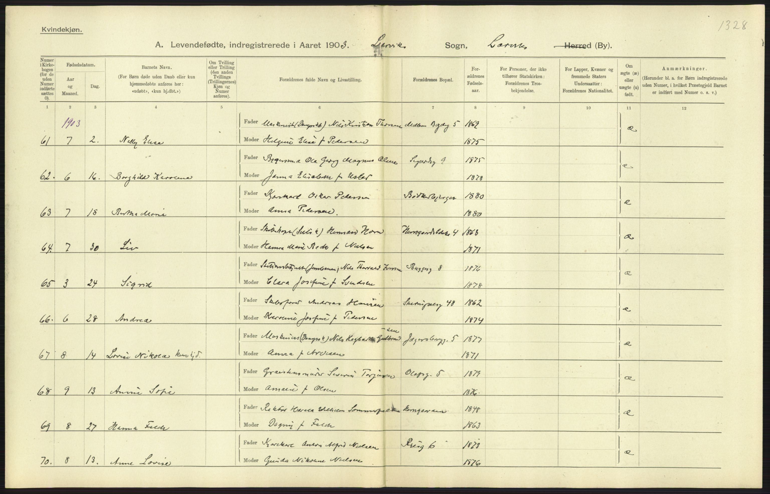 Statistisk sentralbyrå, Sosiodemografiske emner, Befolkning, AV/RA-S-2228/D/Df/Dfa/Dfaa/L0008: Jarlsberg og Larvik amt: Fødte, gifte, døde, 1903, s. 255