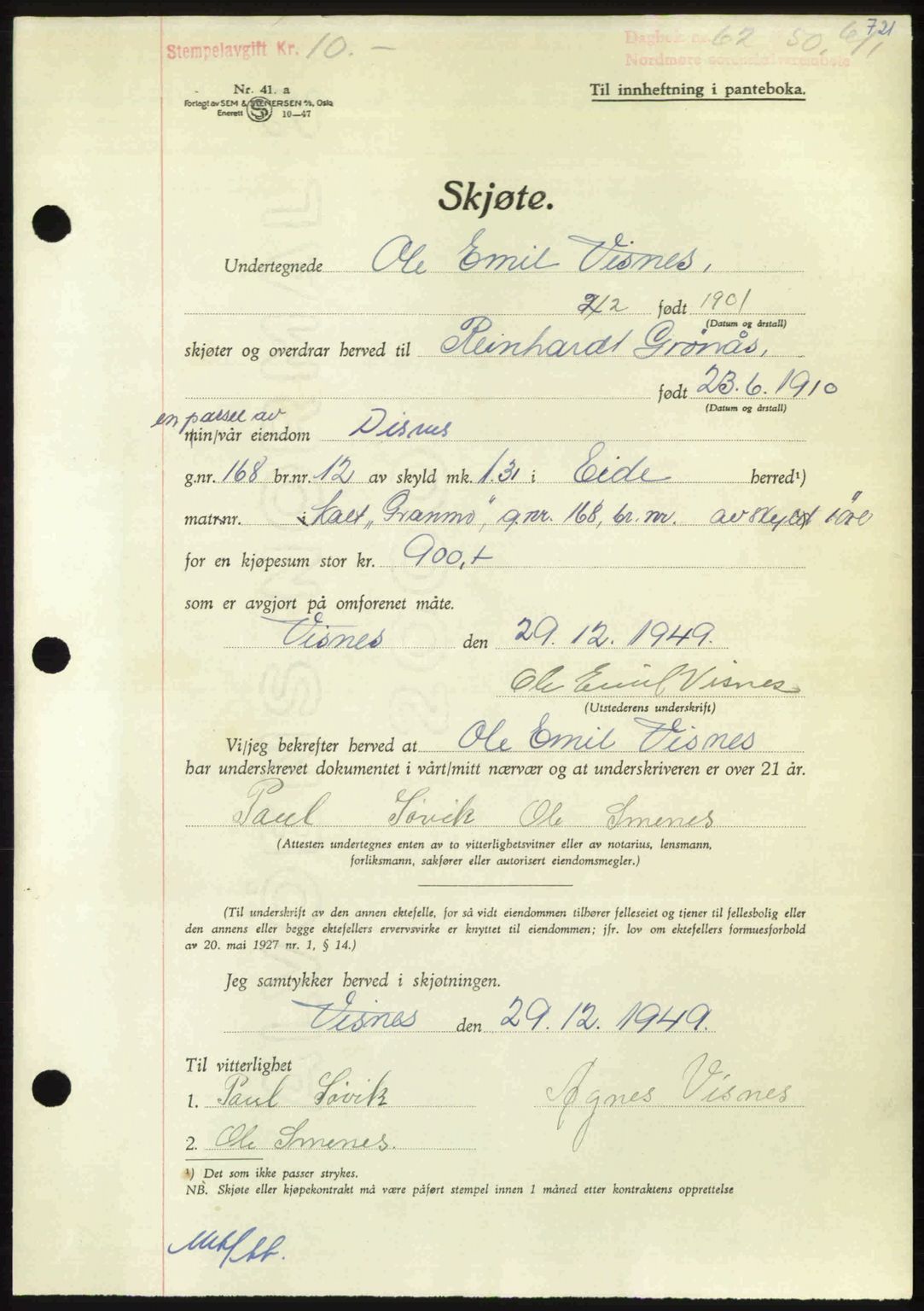 Nordmøre sorenskriveri, AV/SAT-A-4132/1/2/2Ca: Pantebok nr. A113, 1949-1950, Dagboknr: 62/1950